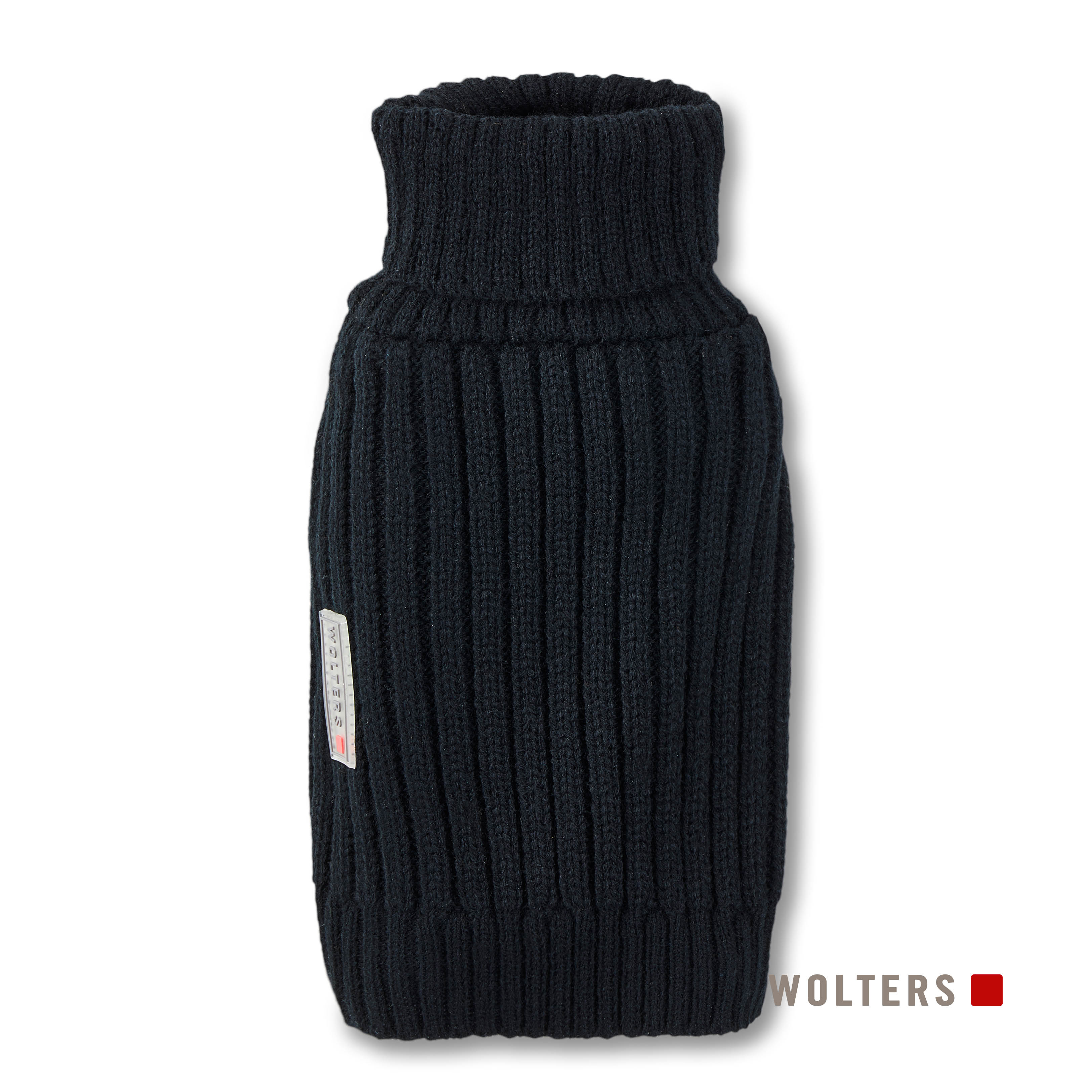 Ein dunkelblauer Hundepullover mit hohem Kragen und Rippenstruktur. Ein Etikett sagt Wolters.