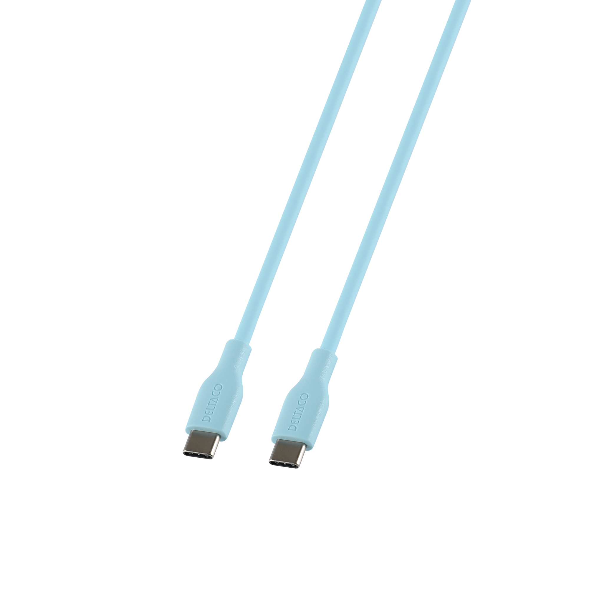 Zwei hellblaue USB-C-Kabel auf weißem Hintergrund. Jedes Kabel hat einen Stecker mit der Aufschrift DELTACO.