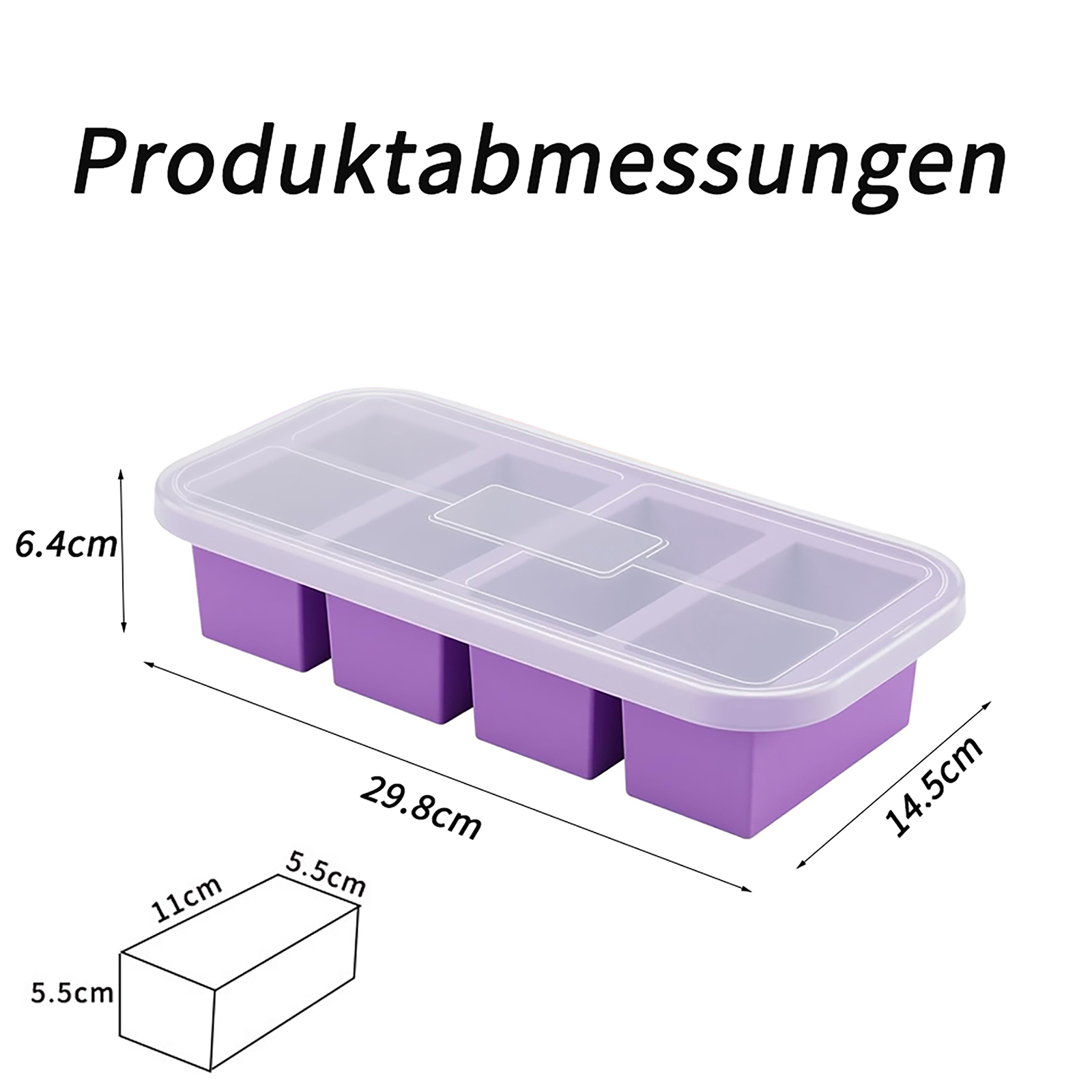 Ein lila Eiswürfelbehälter mit einem durchsichtigen Deckel. Abmessungen des Behälters und einer kleinen Box werden gezeigt.