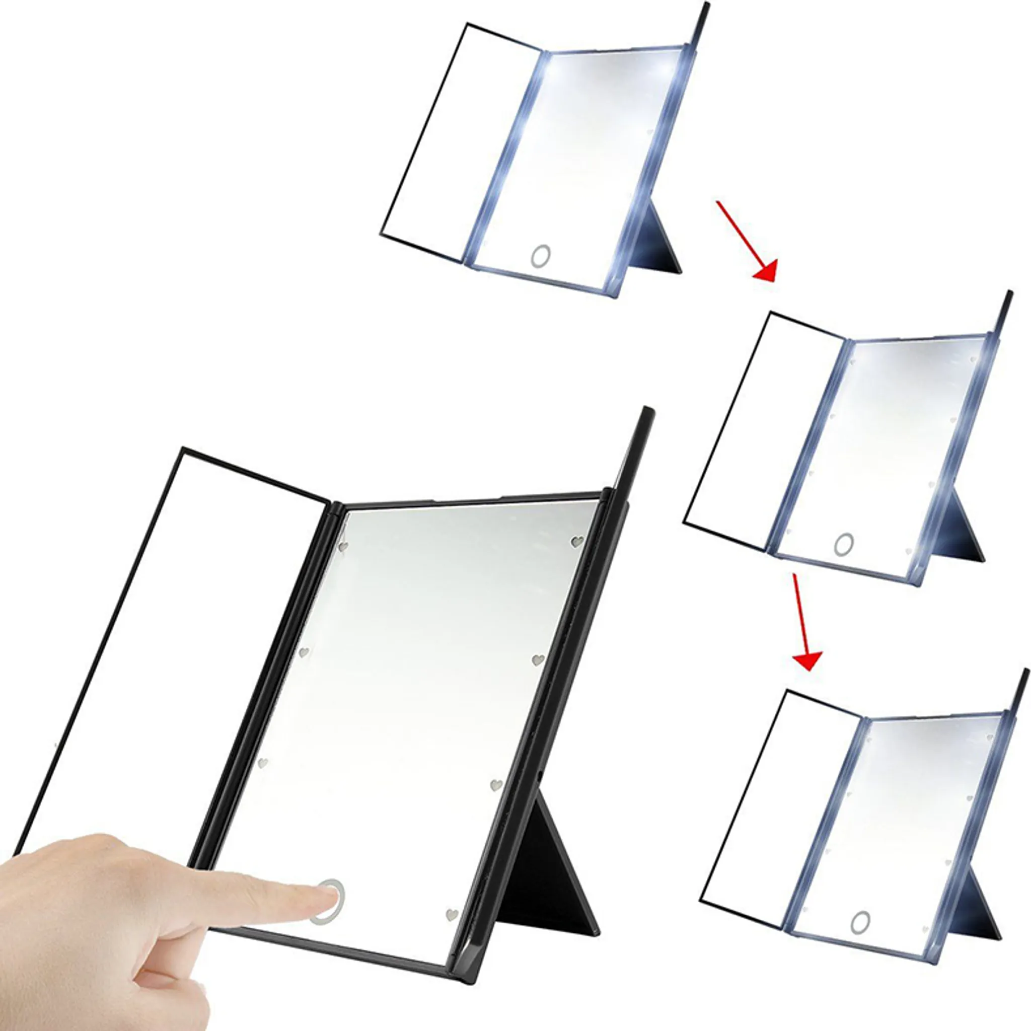 Ein zusammenklappbarer, beleuchteter Schminkspiegel wird gezeigt. Eine Hand berührt den Ein-/Aus-Sensor. Pfeile zeigen auf andere Spiegel.