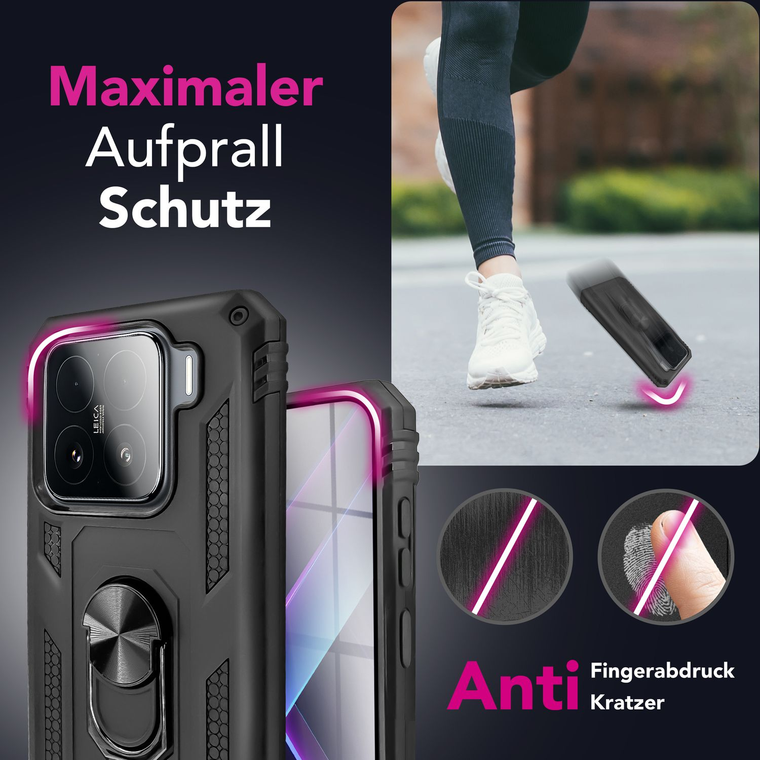 L'immagine mostra una custodia per telefono con una persona che corre e del testo. La custodia è nera, con un anello. Testo: Maximaler Aufprall Schutz, Anti, Fingerabdruck Kratzer.