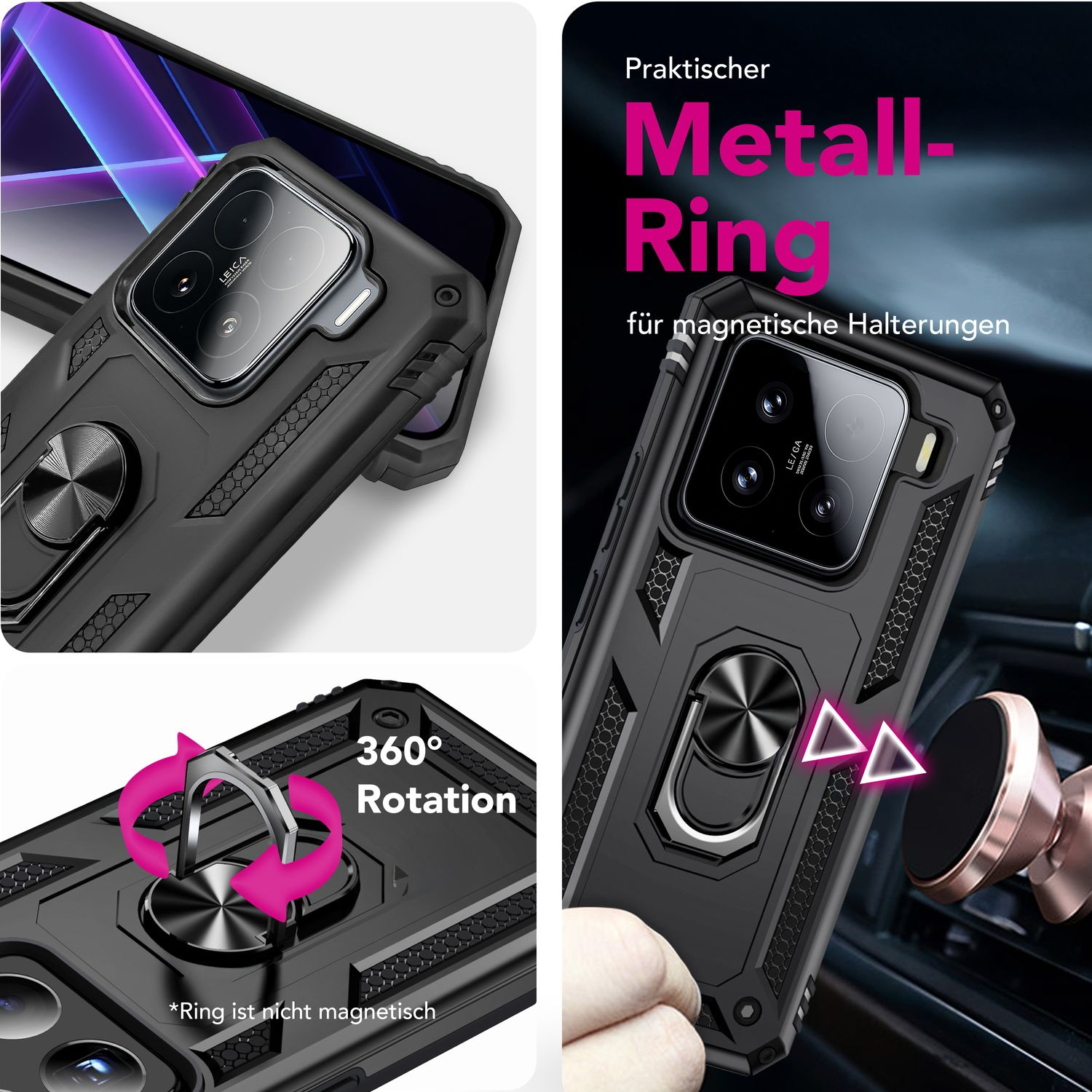 Custodia per telefono nera con anello metallico per supporti magnetici. Rotazione a 360° e fotocamera Leica. Testo: Praktischer Metall-Ring.