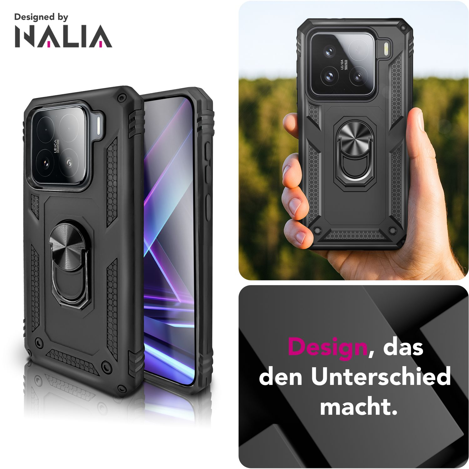 Custodia per telefono nera con supporto ad anello, tenuta in mano, e un'altra custodia mostrata. Testo 'Design, das den Unterschied macht.'