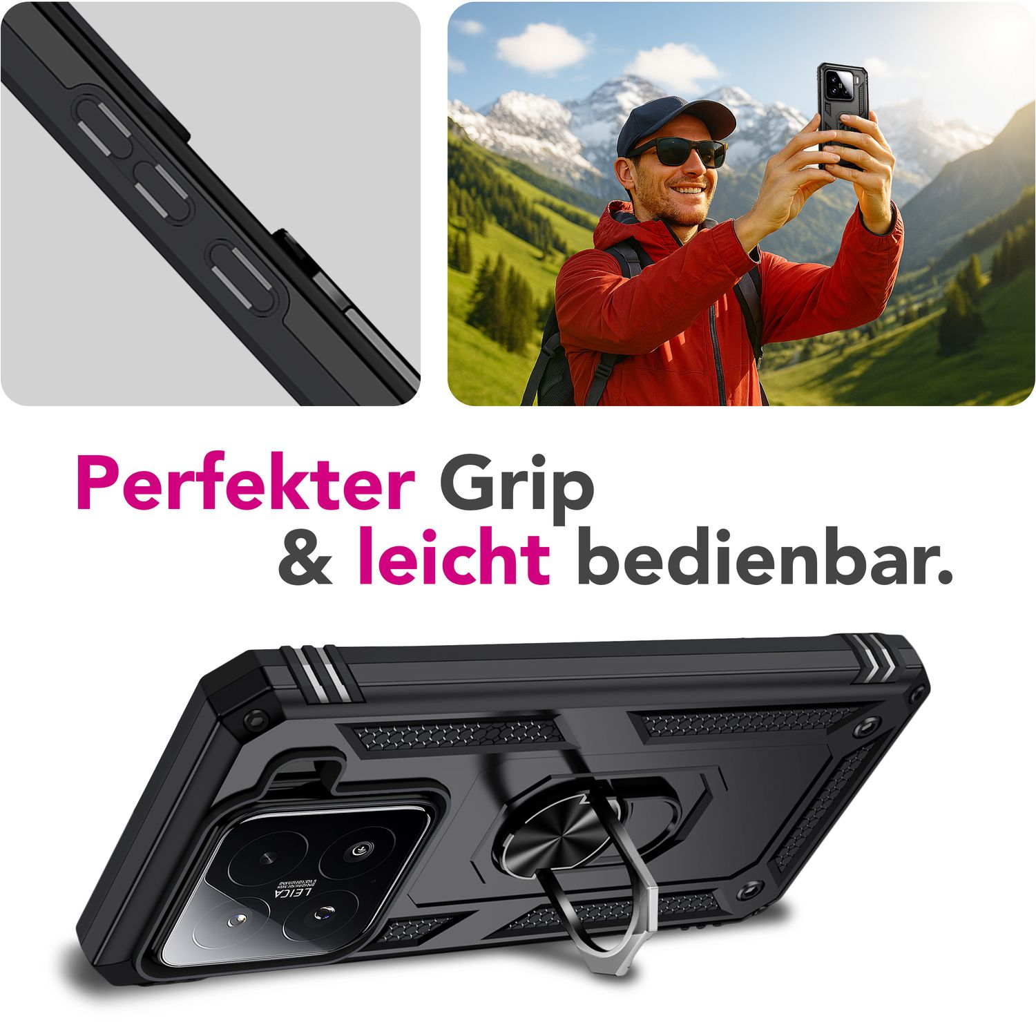 Uomo che scatta un selfie con telefono in custodia nera. Montagne e campi verdi sullo sfondo.