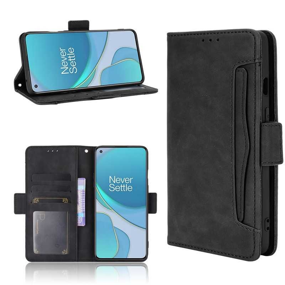 Schwarze Handyhülle mit einem Handy, das 'Never Settle' anzeigt. Die Hülle hat Kartenfächer und einen Magnetverschluss.