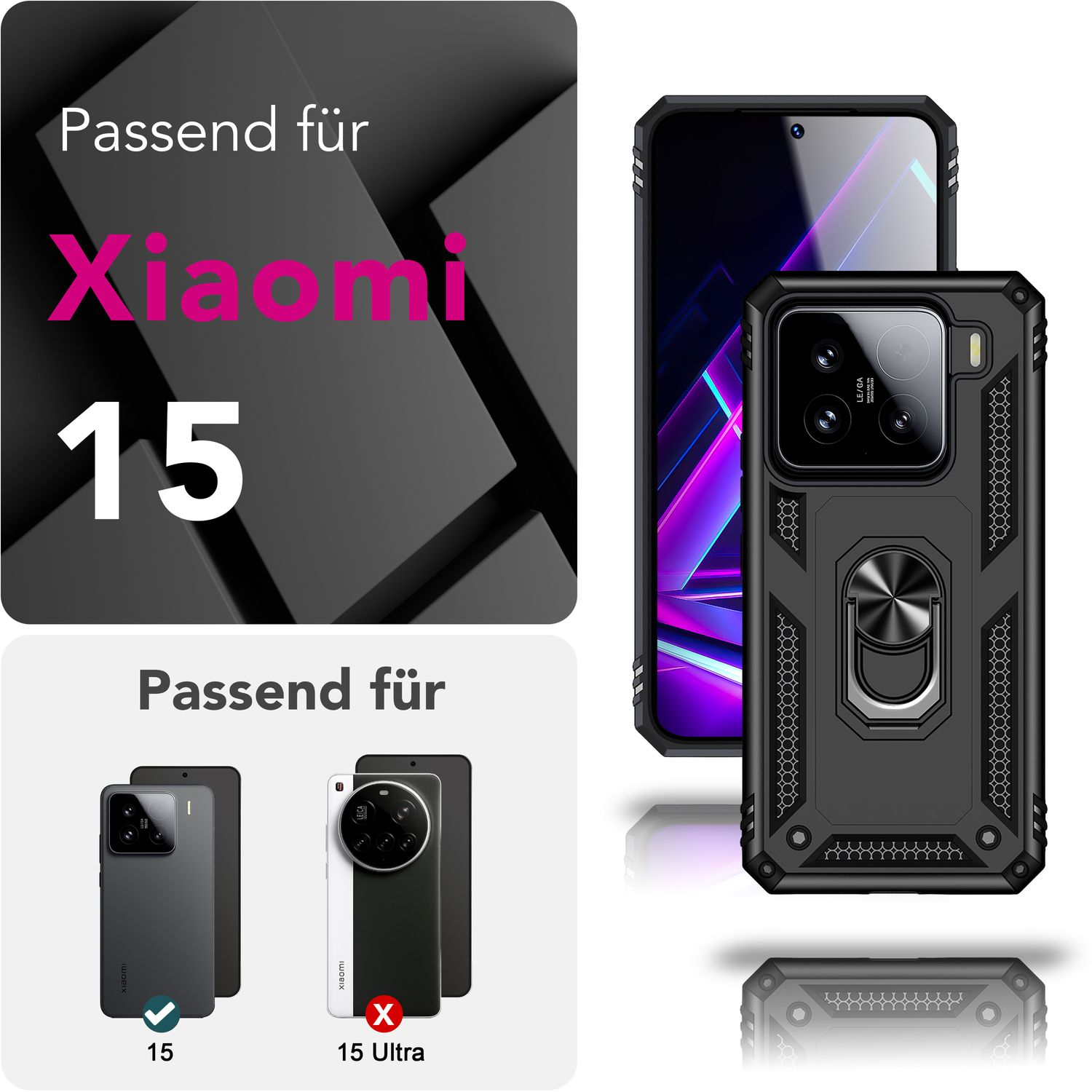 L'immagine mostra una custodia per telefono e un telefono. Il testo dice 'Xiaomi 15'. Vengono mostrati altri telefoni: 15 (segno di spunta), 15 Ultra (X).
