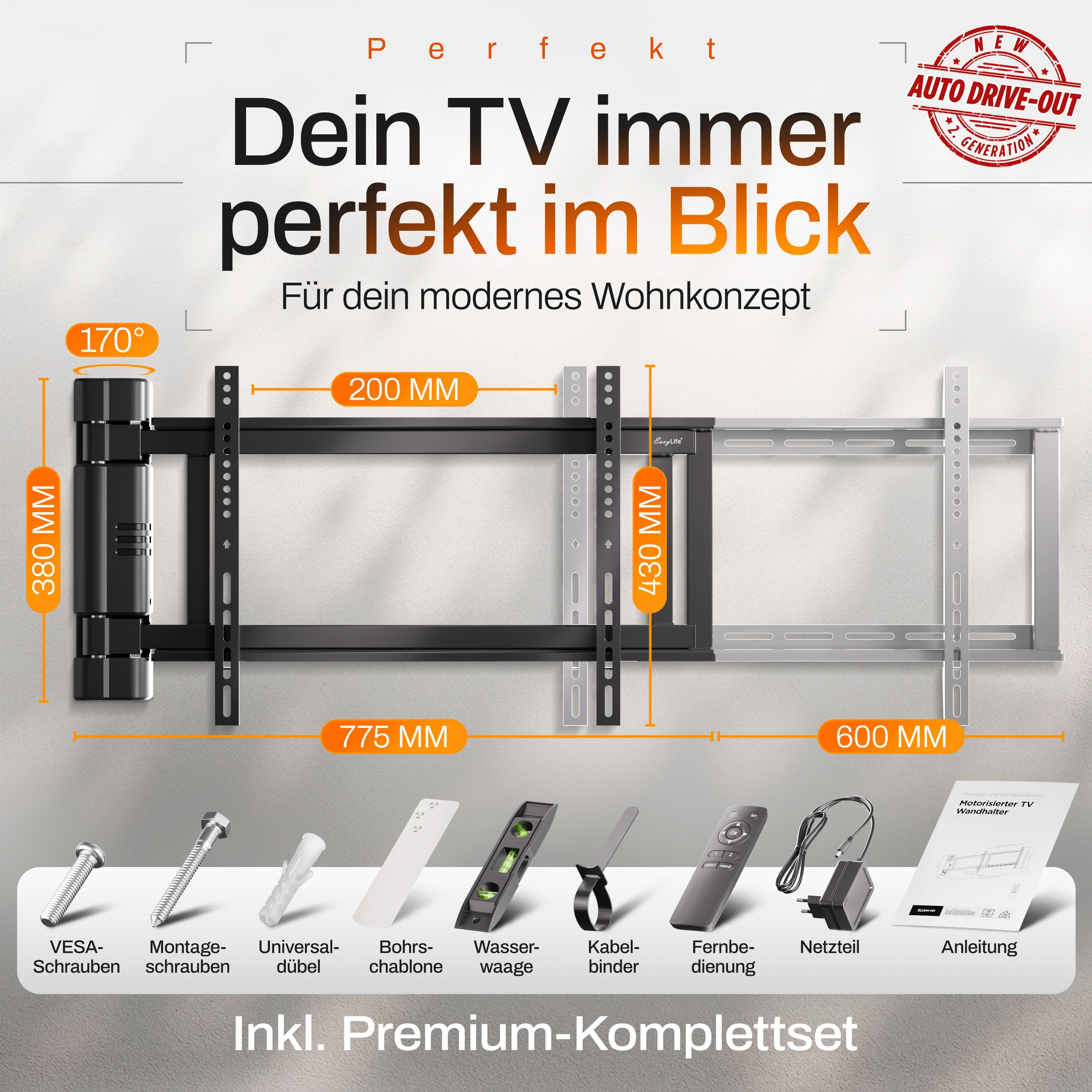 Ein TV-Wandhalterungs-Kit mit Zubehör und Abmessungen. Enthält Schrauben, Wasserwaage, Fernbedienung und Netzteil.