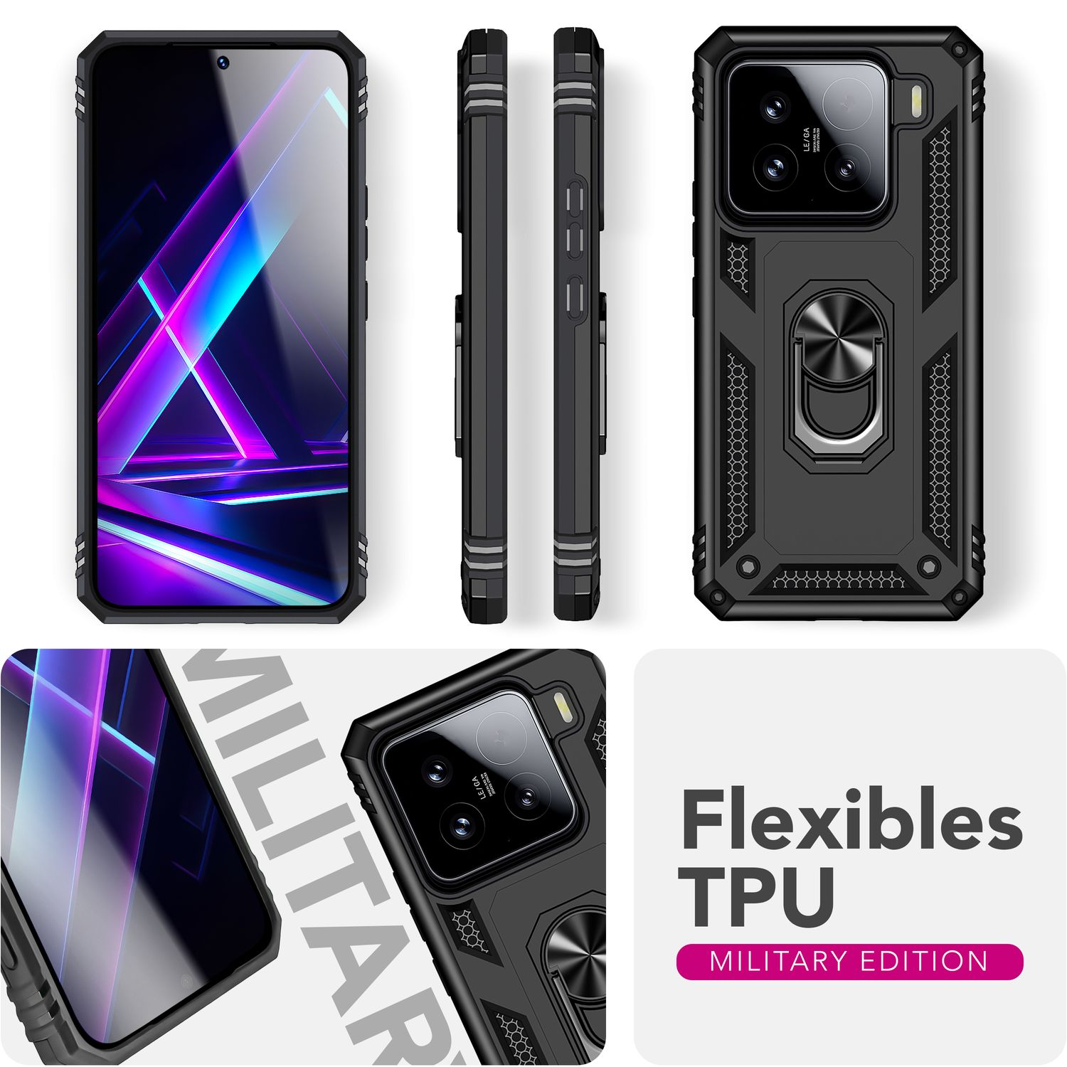 Custodia per telefono nera con anello, più viste. Lo schermo mostra un design astratto viola e blu. Military Edition.