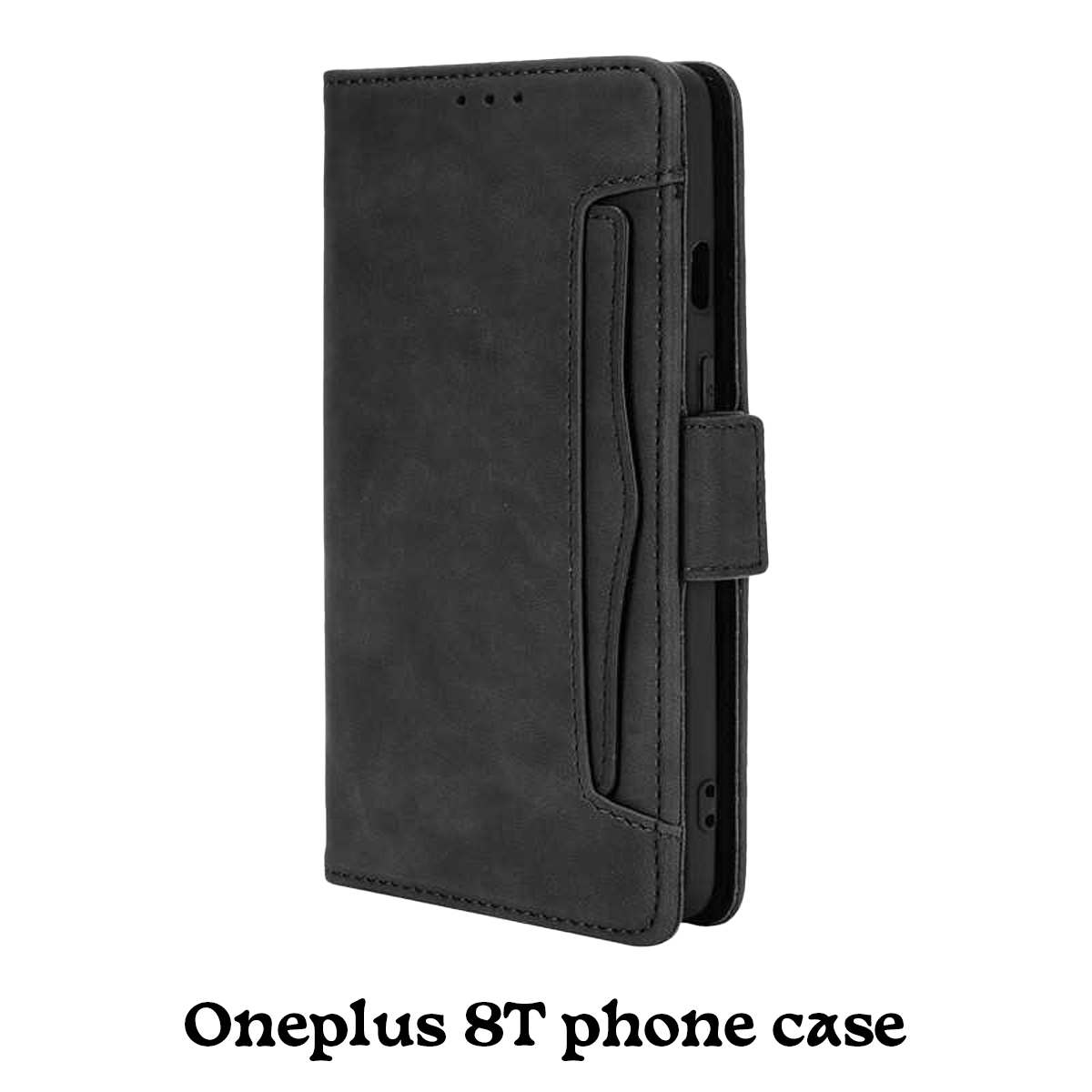 Eine schwarze OnePlus 8T Handyhülle. Es ist eine Hülle im Folio-Stil mit Magnetverschluss und einer Tasche für Karten. Der Hintergrund ist weiß.