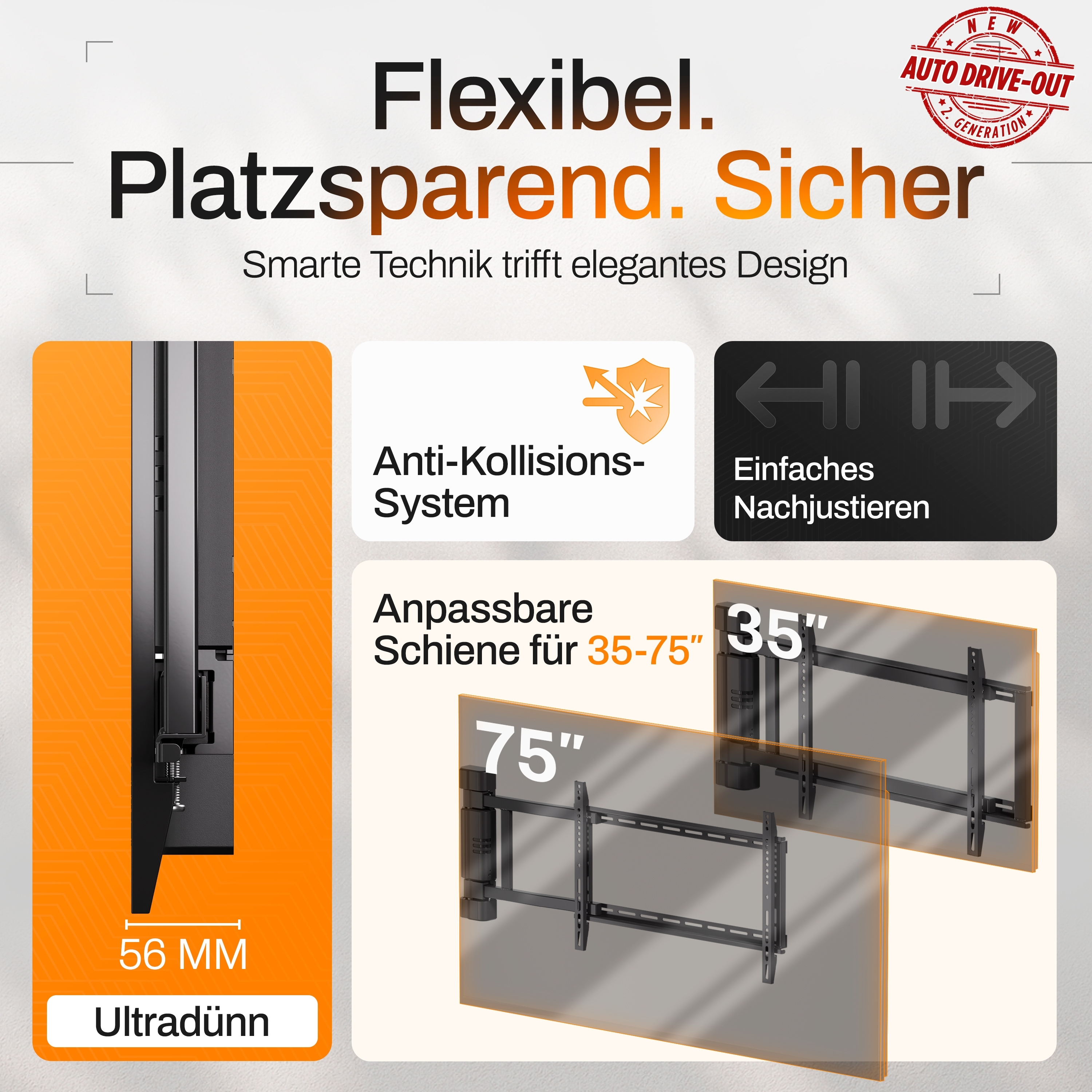 Das Bild zeigt eine TV-Halterung mit Funktionen wie Kollisionsschutz, Anpassung und Anpassbarkeit für 35-75 Zoll TVs.