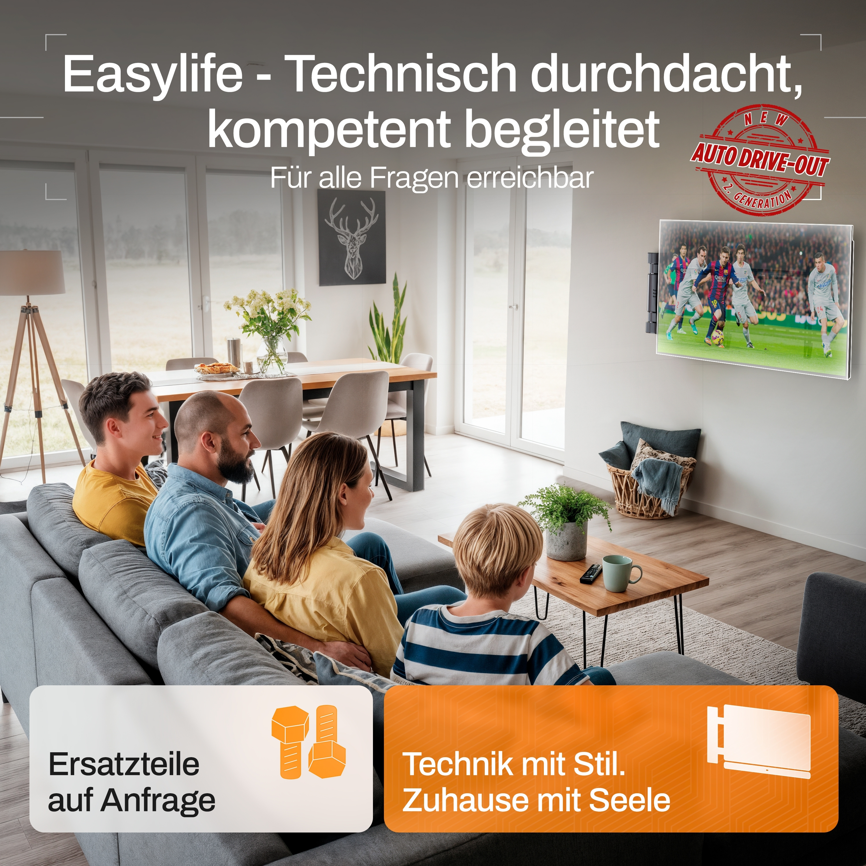 Familie schaut im Wohnzimmer fern. Auf dem Bildschirm läuft ein Fußballspiel. Es gibt Textfelder mit Text.