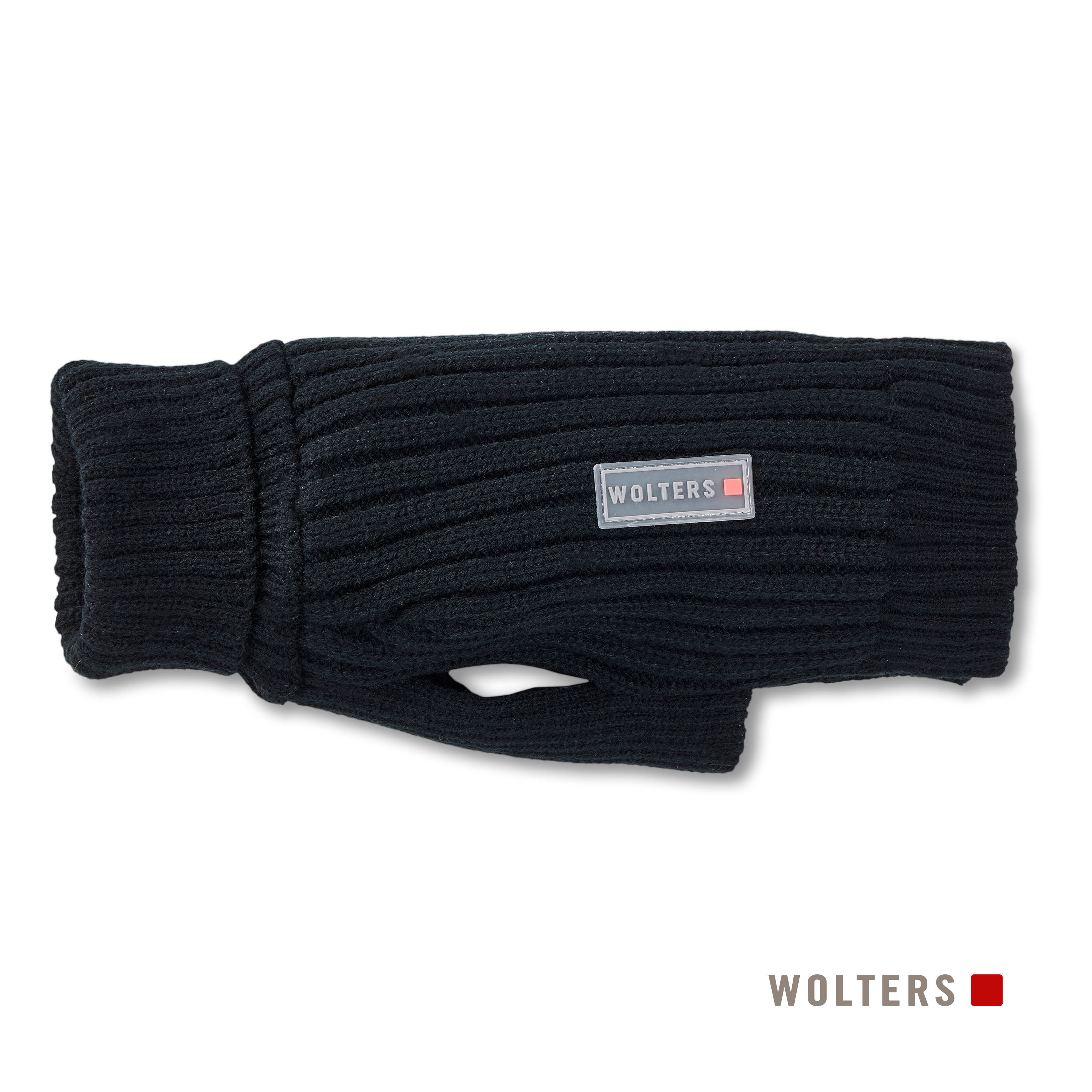 Schwarzer gestrickter Hundehandschuh. Hat ein Daumenloch, ein Etikett mit dem Markennamen. Isoliert auf weißem Hintergrund.