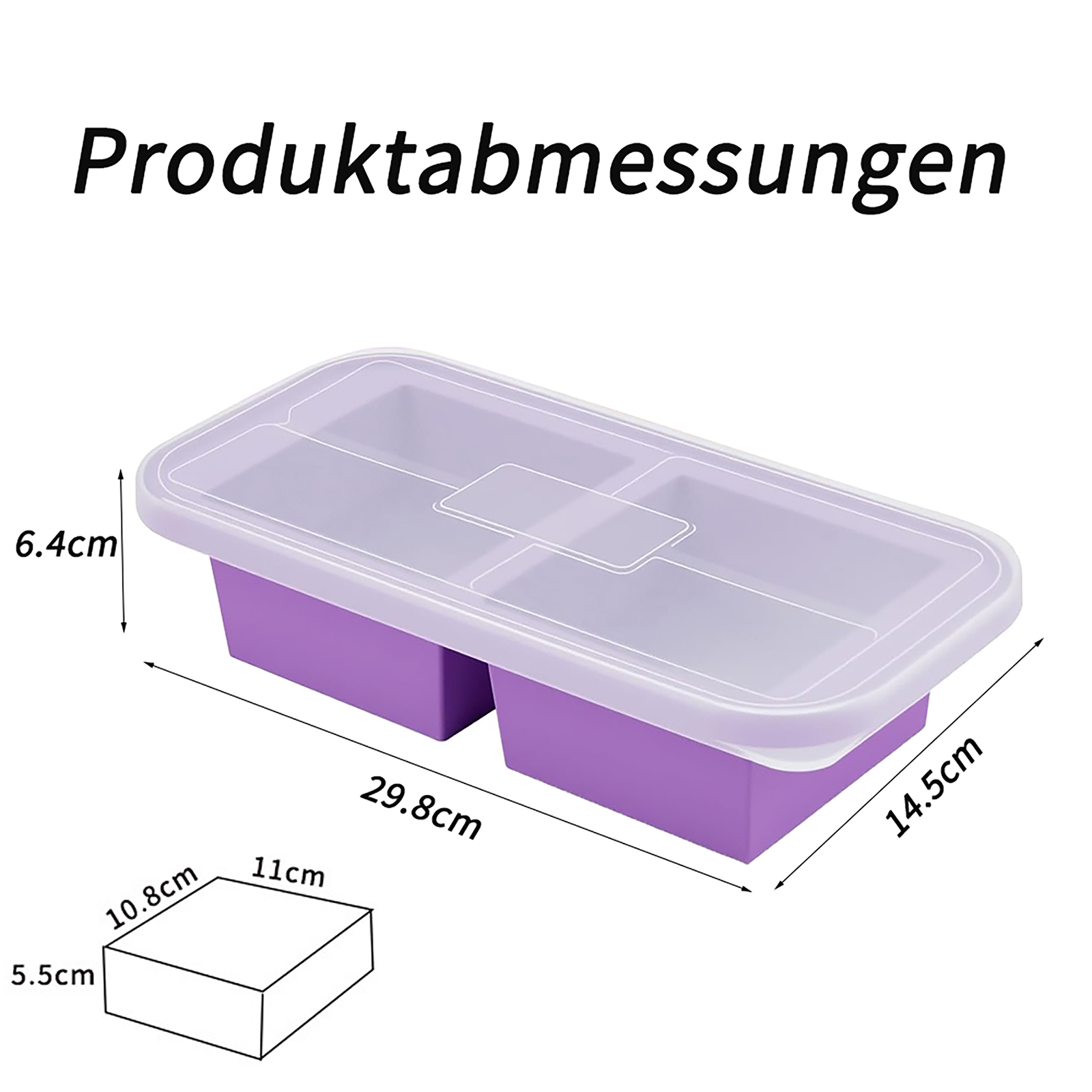 Eine lila rechteckige Eiswürfelschale mit Deckel, Maße beschriftet. Text: Produktabmessungen.