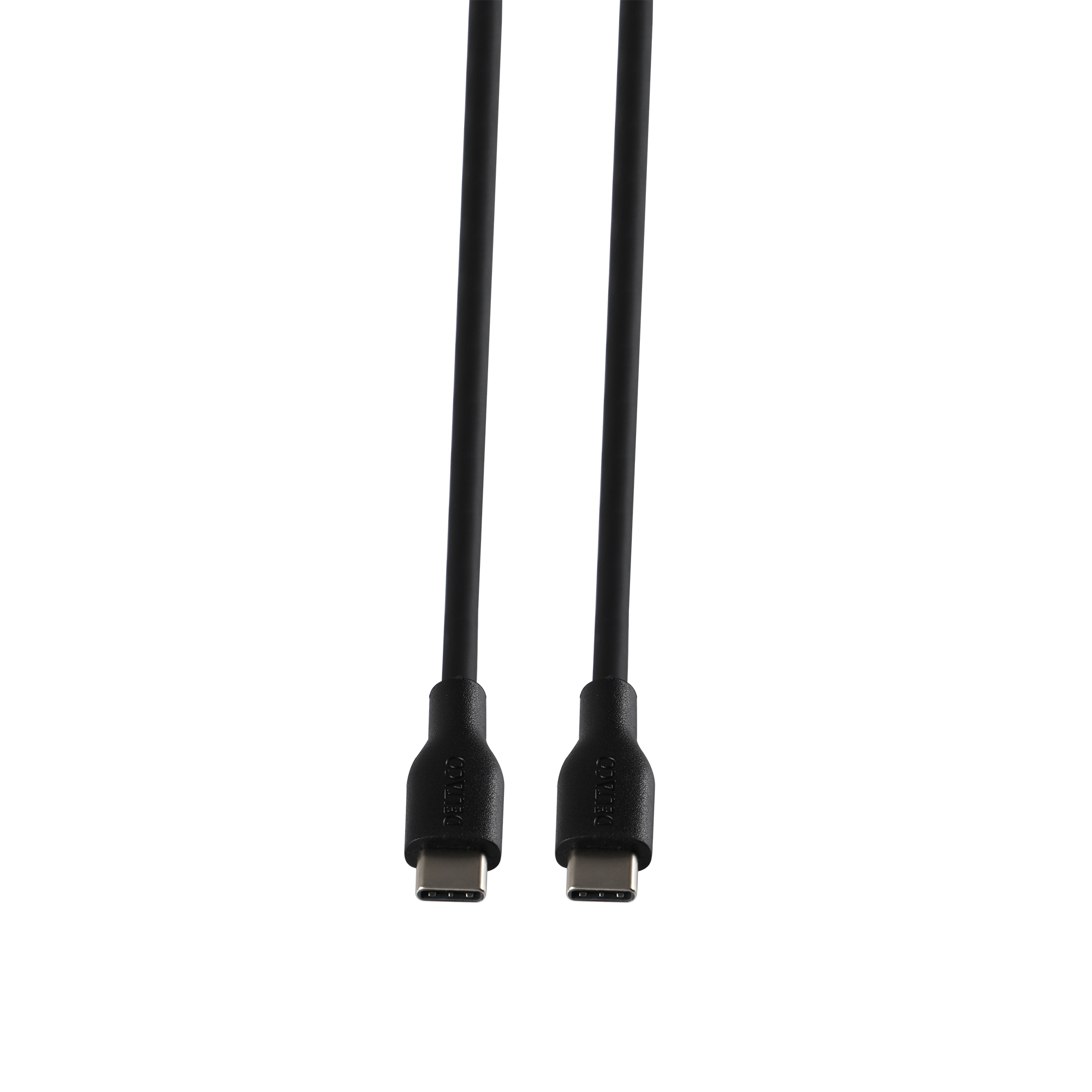 Dos cables USB-C negros, conectores hacia abajo. Fondo blanco.