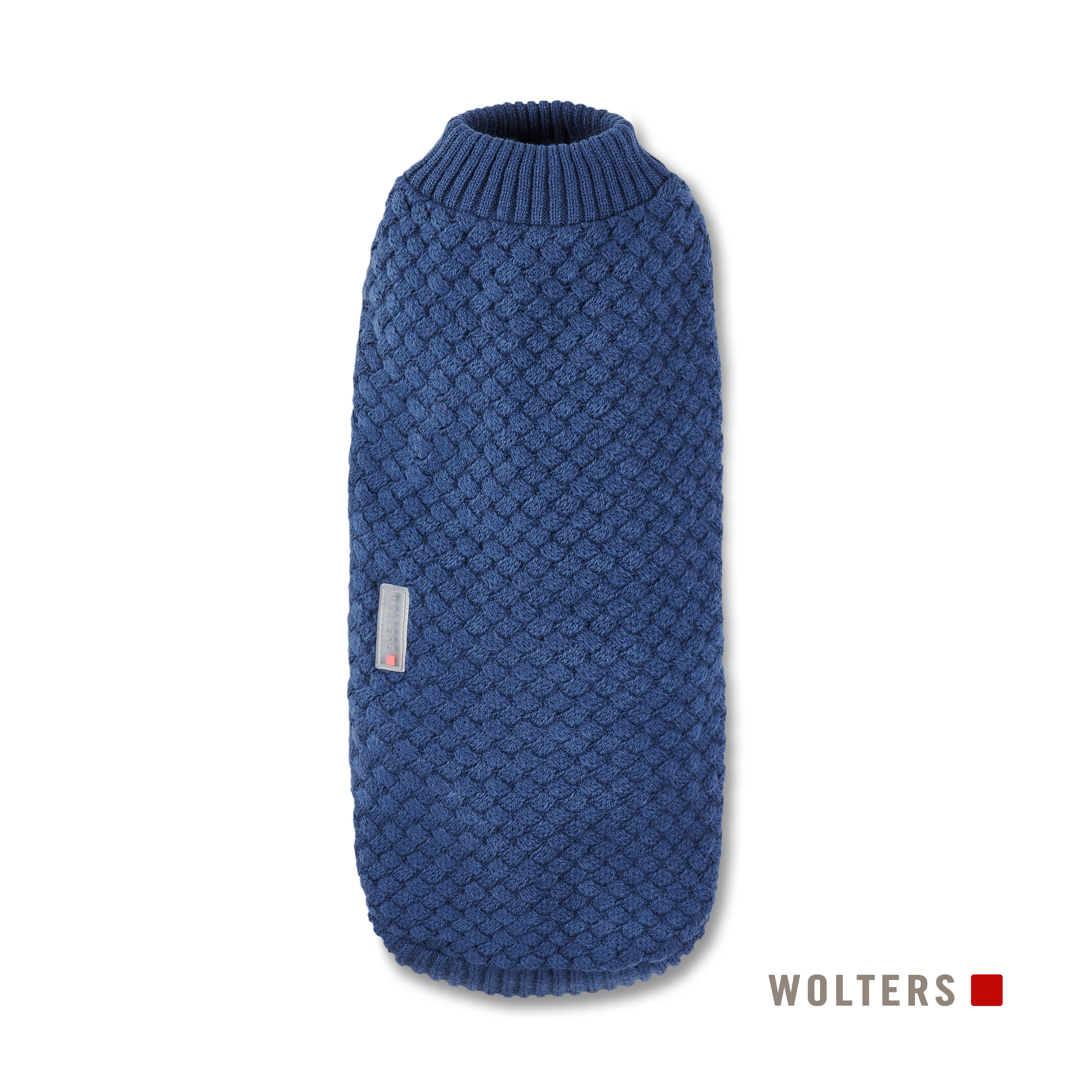Ein blauer Strickpullover für Hunde wird auf weißem Hintergrund gezeigt. Der Pullover hat einen hohen Kragen und ein strukturiertes Gewebe.