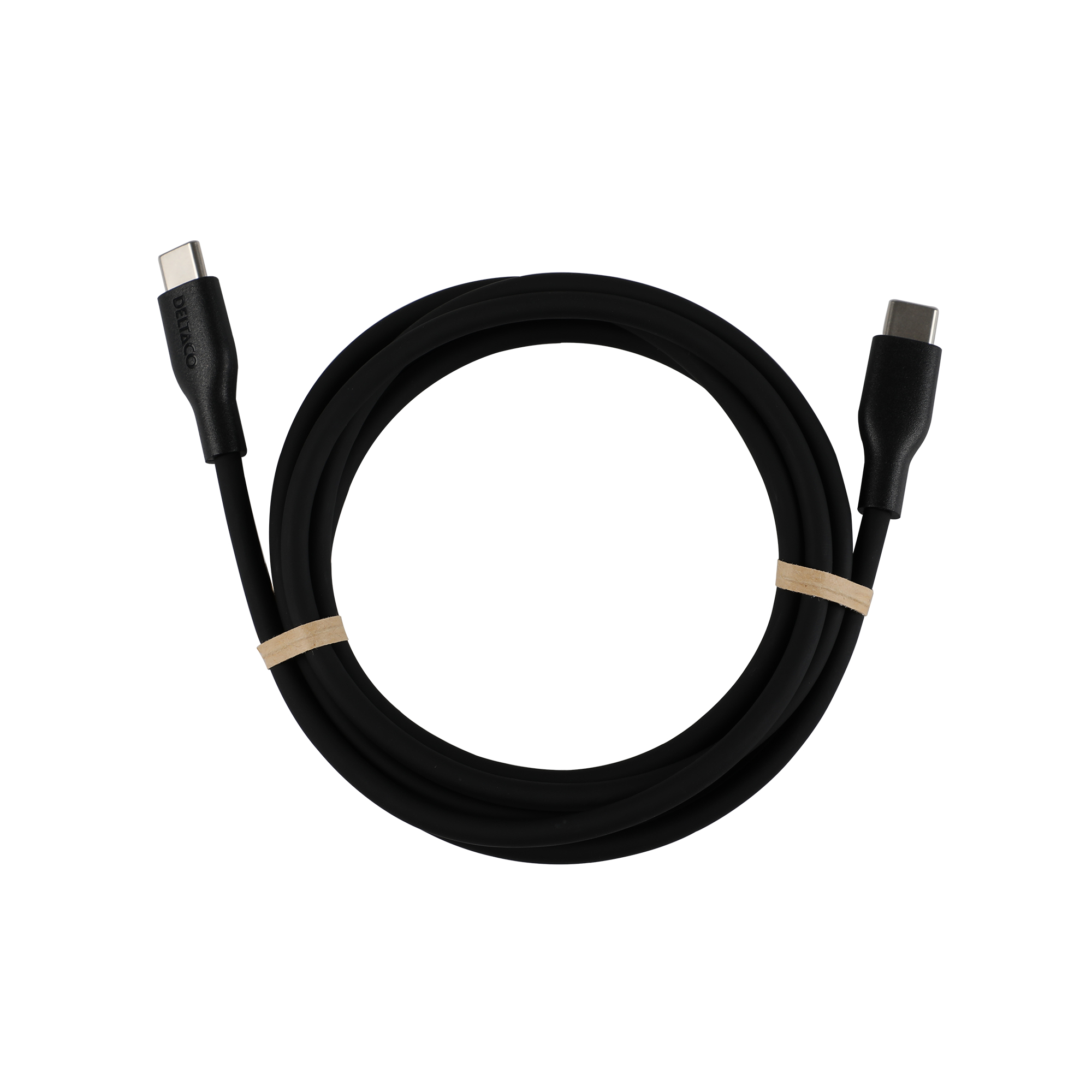 Un cable USB-C negro, enrollado, con conectores en cada extremo. Una goma asegura el cable.