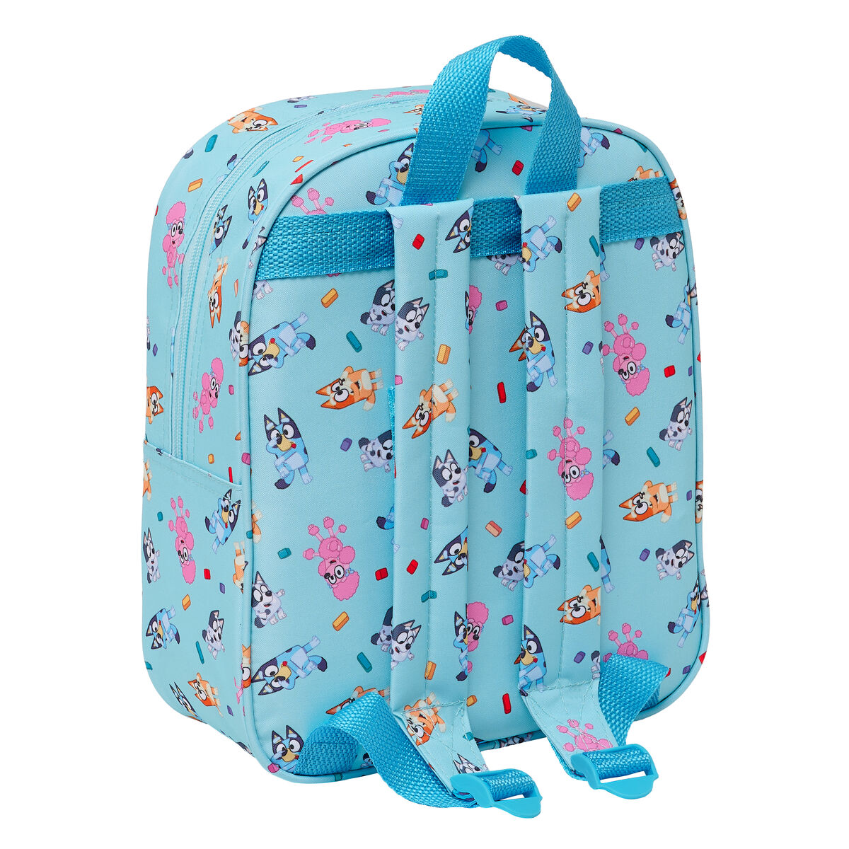 Ein hellblauer Rucksack mit einem Muster aus Zeichentrickhunden. Blaue Träger und ein Griff sind sichtbar. Der Hintergrund ist weiß.