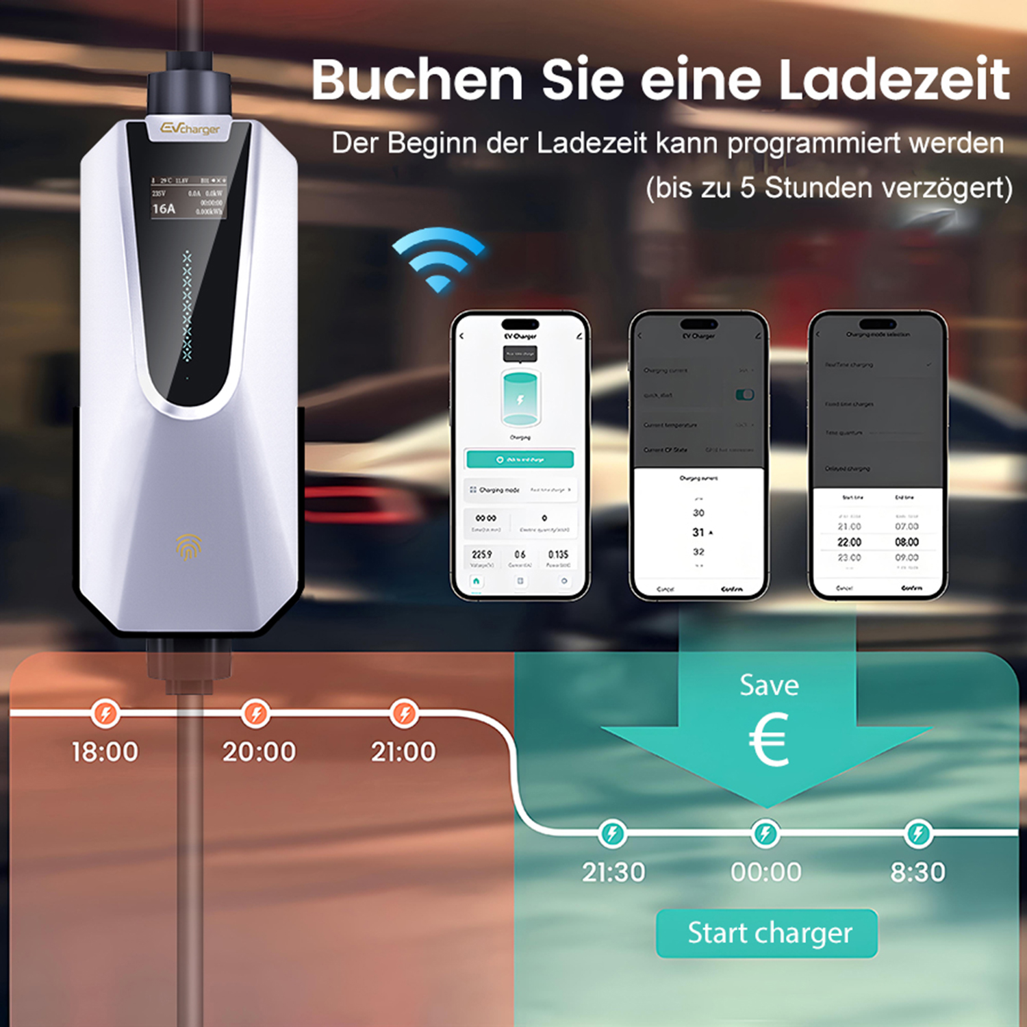 Ein EV-Ladegerät mit Telefonbildschirmen, die Ladeoptionen und einen Zeitplan anzeigen. Eine grüne Grafik zeigt Kosteneinsparungen.