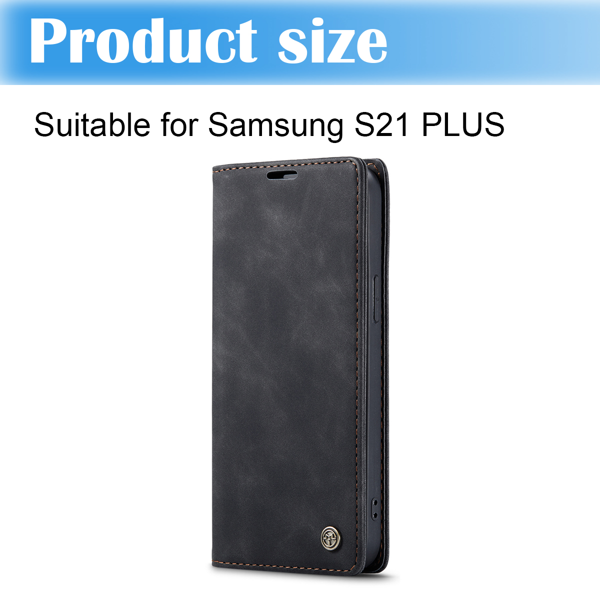 Eine schwarze Leder-Handyhülle, passend für Samsung S21 PLUS, mit braunen Nähten und einem Metalllogo, vor weißem Hintergrund.