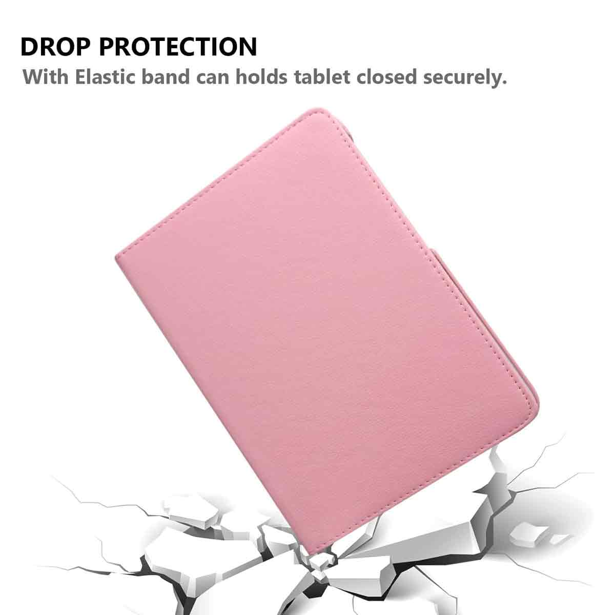Ein rosa Tabletfach ist abgewinkelt dargestellt und scheint auf zerbrochenen Boden zu fallen. Der Text oben lautet 'DROP PROTECTION'.