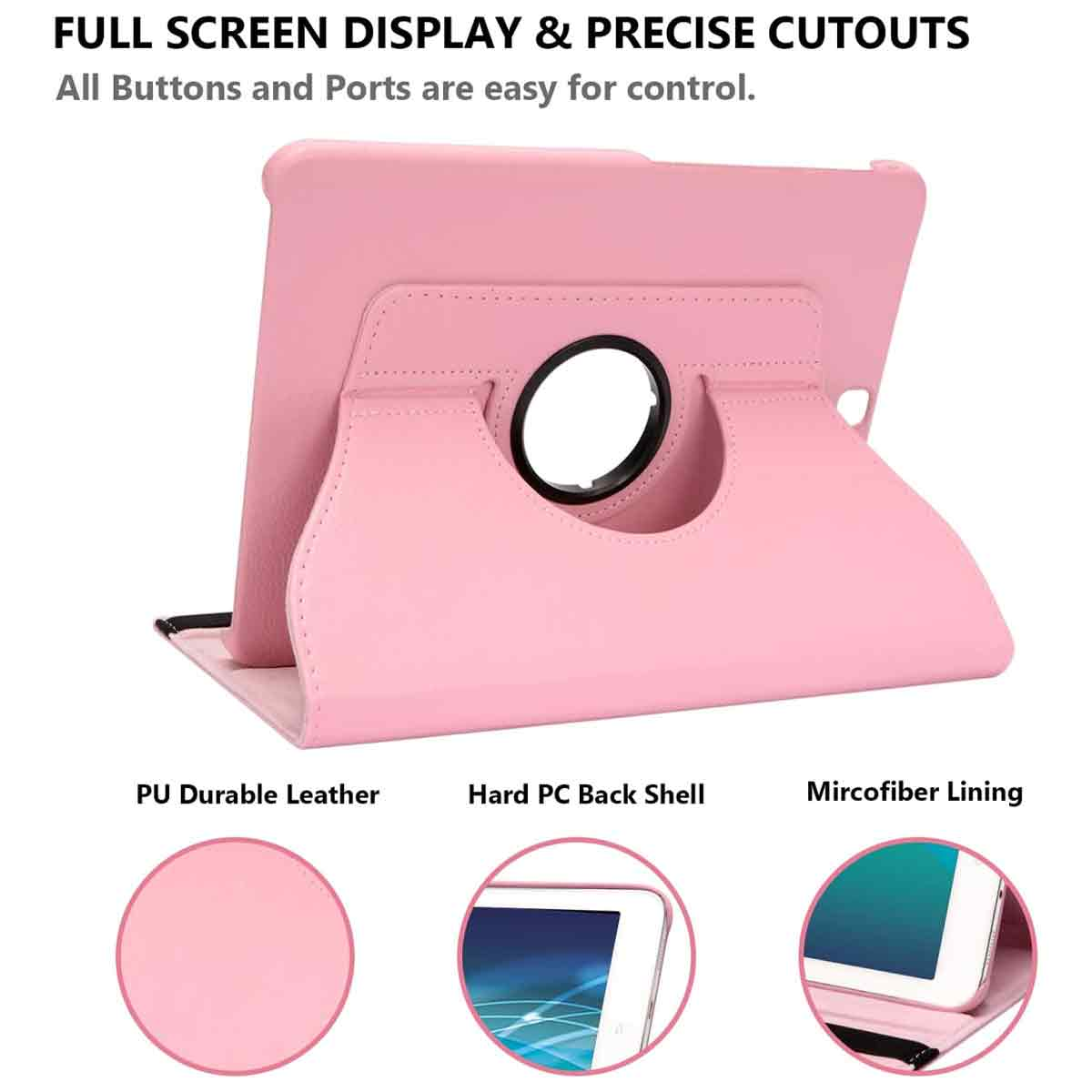 Eine rosa Tablethülle mit einem Ausschnitt für die Kamera. Text sagt 'Full Screen Display' und beschreibt die Eigenschaften.