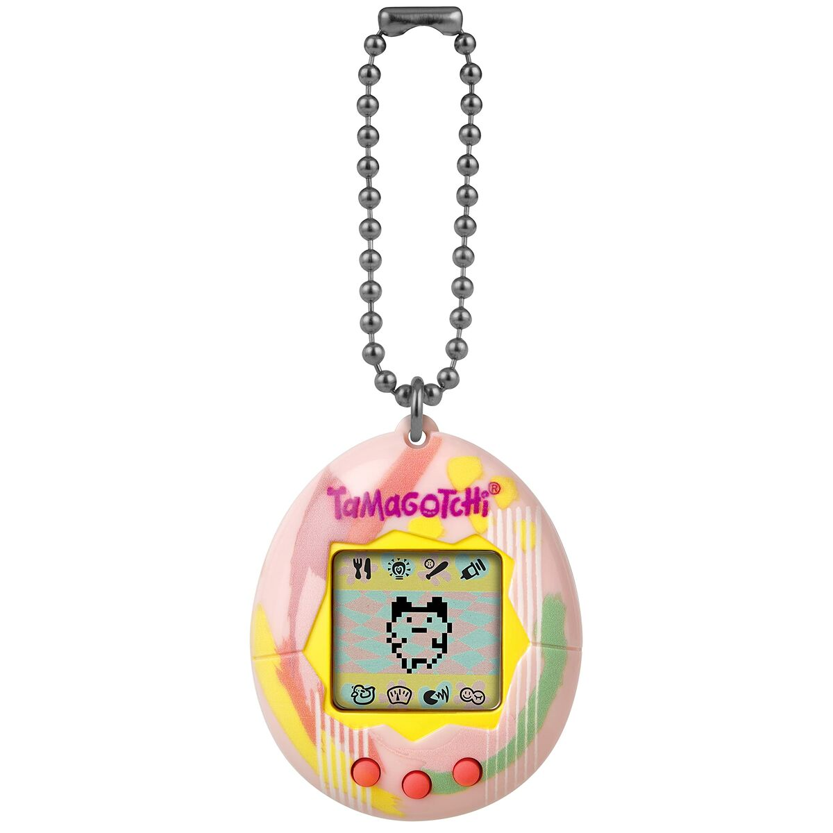 Un jouet Tamagotchi rose avec un animal de compagnie pixélisé sur l'écran, suspendu à une chaîne. Il a des rayures roses, jaunes et vertes. Trois boutons en bas.