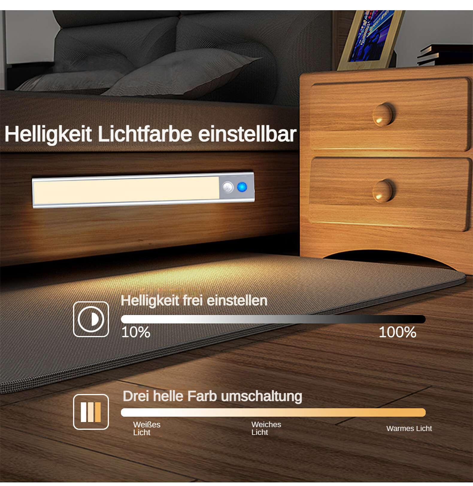 Schlafzimmer mit einstellbaren Lichteinstellungen. Ein Lichtstreifen befindet sich unter einem Bett. Ein Nachttisch aus Holz rechts.