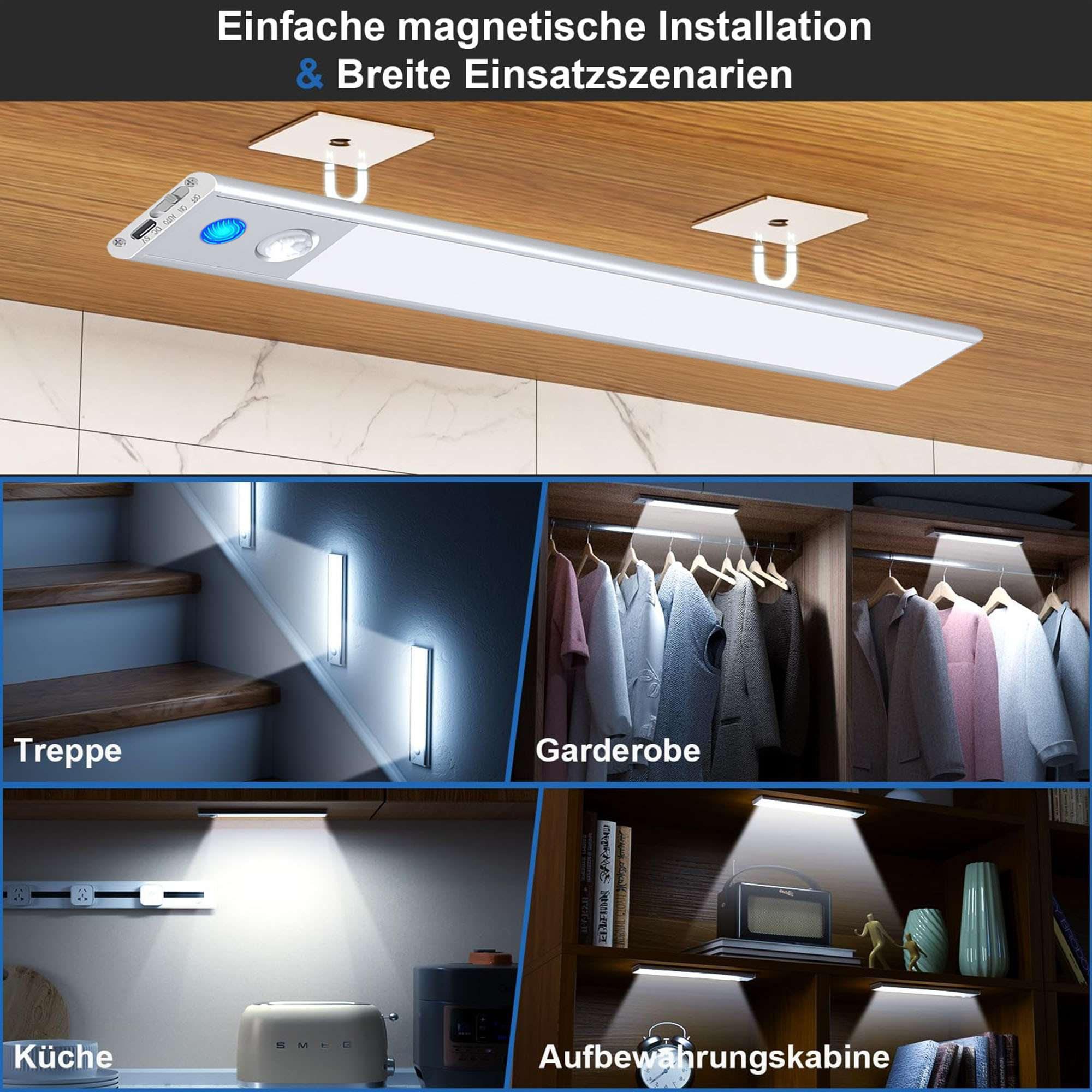 Das Bild zeigt eine Leuchte mit verschiedenen Anwendungen: Treppe, Schrank, Küche und Aufbewahrungsschrank, mit deutschem Text.