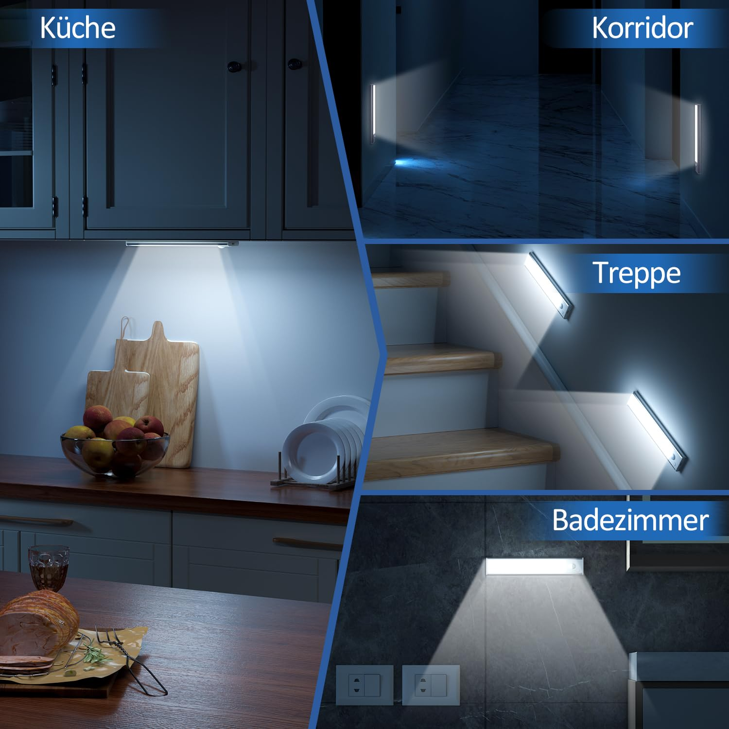 Das Bild zeigt verschiedene Innenräume, die von LED-Leuchten beleuchtet werden: Küche, Flur, Treppe und Badezimmer. Jeder Bereich wird von einem Licht beleuchtet.