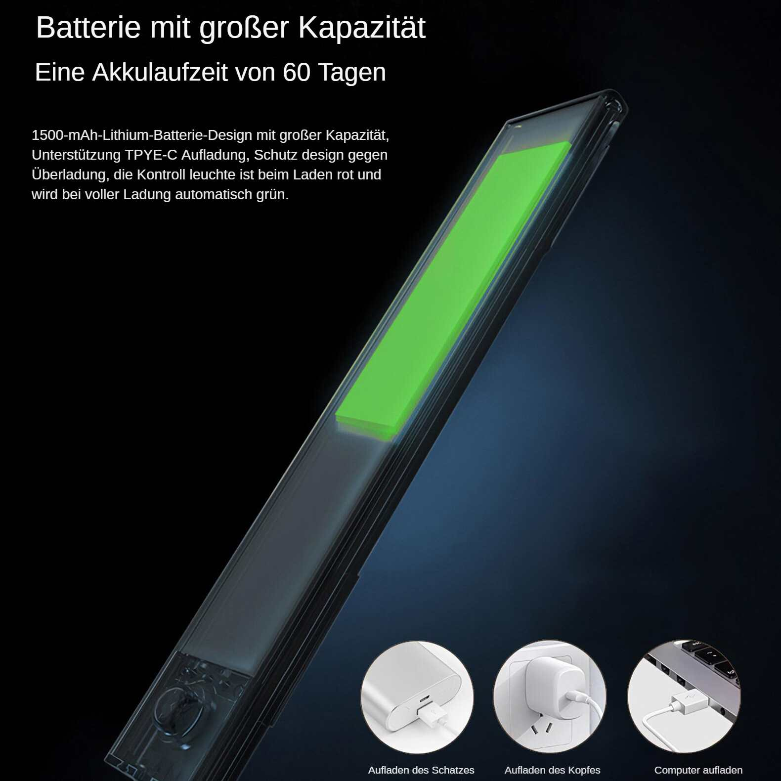 Ein schwarzes Gerät mit grünem Licht. Es hat Ladeoptionen. Text auf Deutsch beschreibt Batterie und Aufladen.