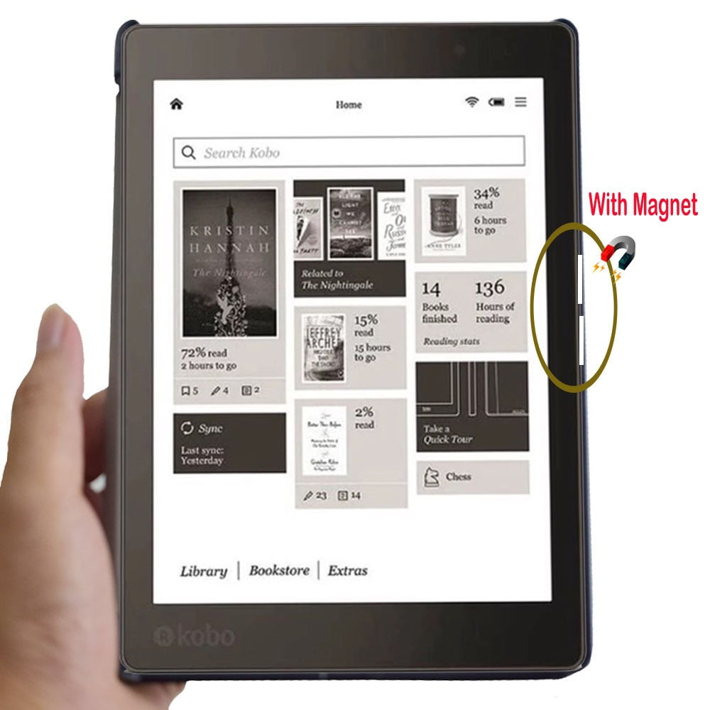 Eine Hand hält einen Kobo-E-Reader. Der Bildschirm zeigt Buchcover und den Lesefortschritt. An der Seite ist ein Magnet abgebildet.