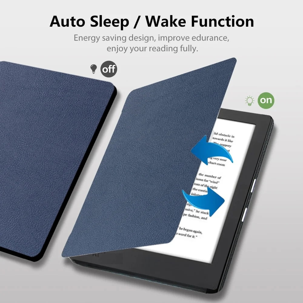 Ein E-Reader mit blauem Cover, geöffnet, um den Bildschirm freizugeben. Das Cover ist mit 'off' und 'on' beschriftet.