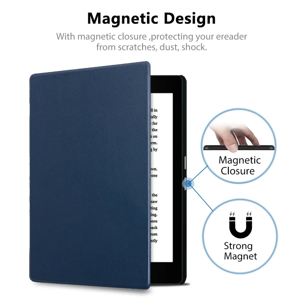 Gezeigt wird eine blaue E-Reader-Hülle mit Magnetverschluss, zusammen mit einem Diagramm, das Magnetverschluss und einen starken Magneten anzeigt.