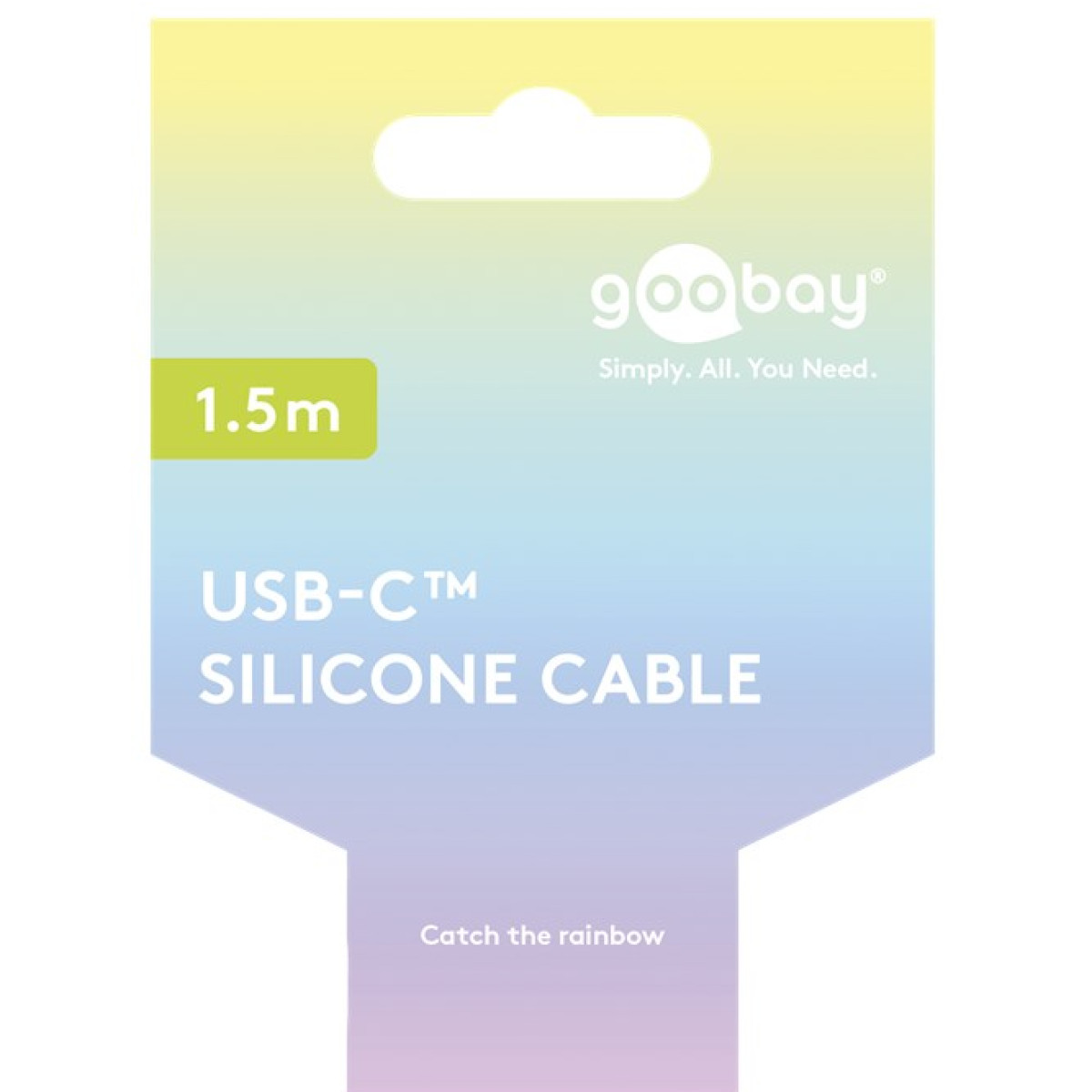 Etykieta produktu przedstawia kabel silikonowy USB-C. Ma gradientowe tło z tekstem: 1,5 m, goobay i Catch the rainbow.