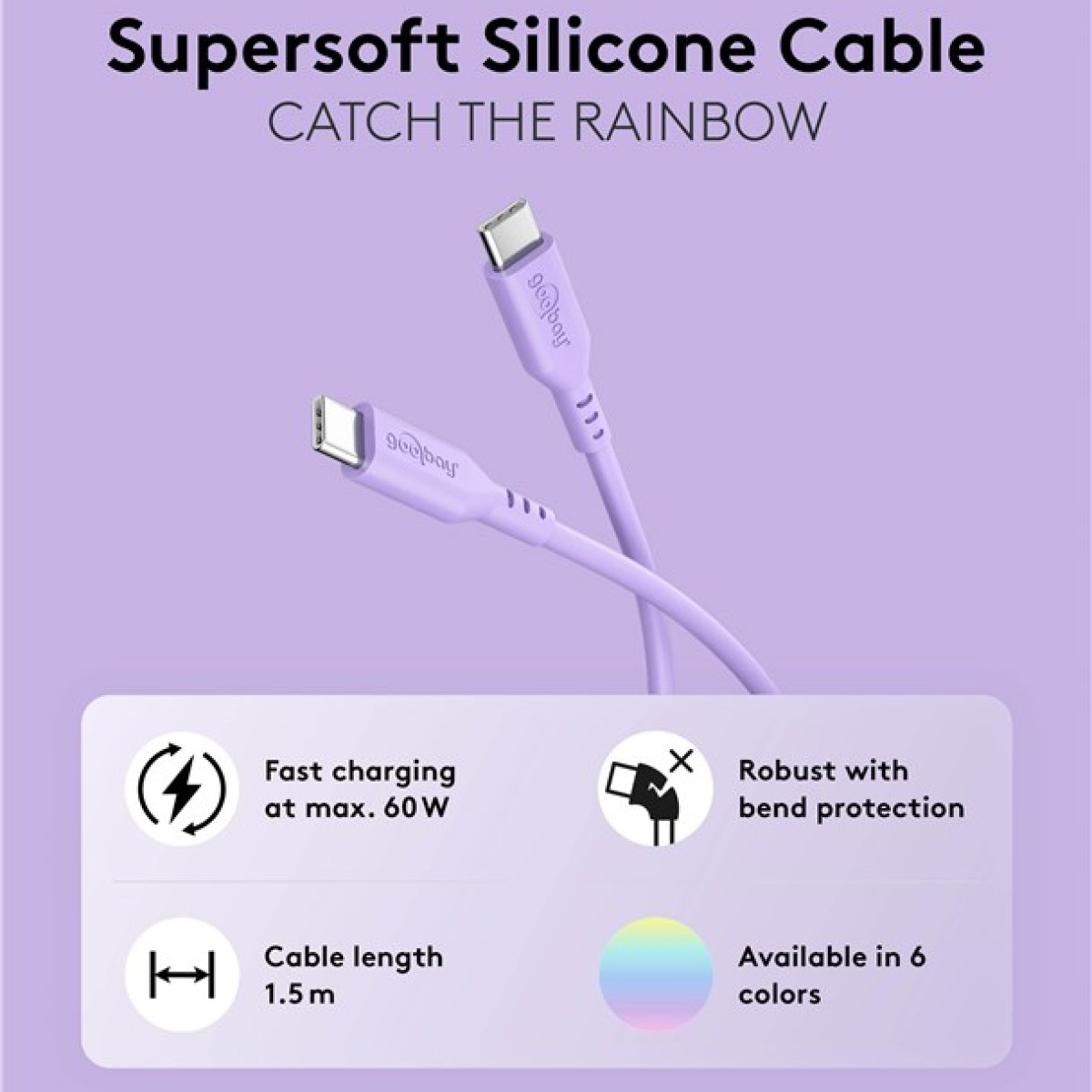 Fioletowy kabel silikonowy ze srebrnym złączem. Tekst: 'Supersoft Silicone Cable', 'Szybkie ładowanie', 'Długość kabla 1,5 m'.