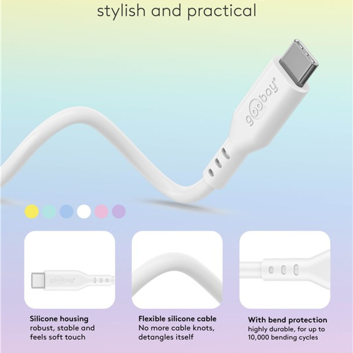 Biały kabel USB-C firmy 'goobay'. Ma silikonową obudowę, jest elastyczny i ma ochronę przed zginaniem. Tło jest gradientowe.
