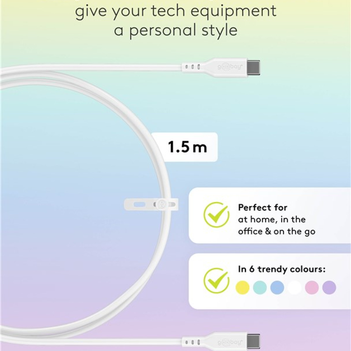 Biały kabel USB-C z napisem '1.5 m' oraz informacjami o użytkowaniu i dostępnych kolorach na pastelowym tle.