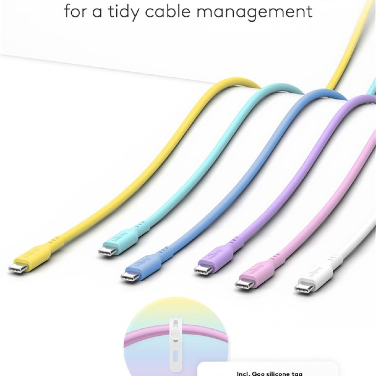 Pięć kolorowych kabli USB-C, żółty, niebieski, fioletowy, różowy i biały. Pokazana jest silikonowa etykieta. Kable do zarządzania kablami.