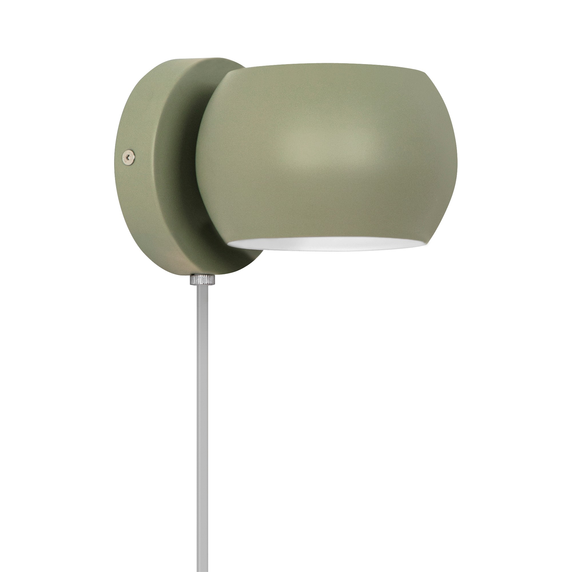 Eine grüne Wandlampe mit rundem Schirm und silbernem Stiel. Die Lampe befindet sich vor weißem Hintergrund.