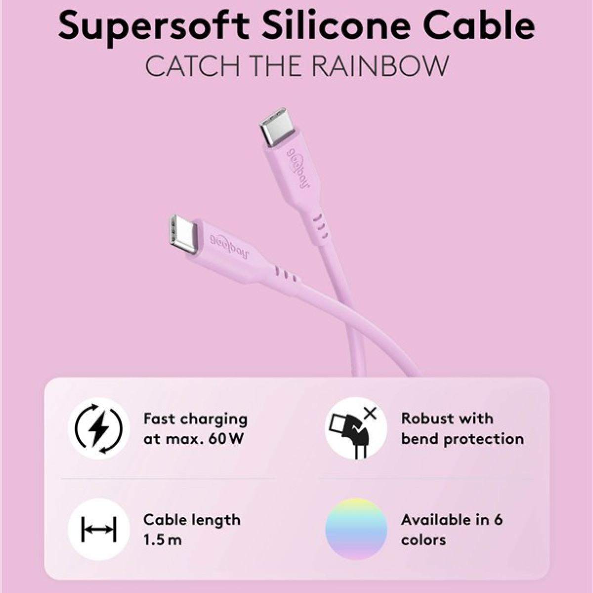 Ein rosafarbenes Silikonkabel mit USB-C-Anschlüssen wird gezeigt. Der Text wirbt für schnelles Laden, Knickschutz, 1,5 m Länge und 6 Farben.