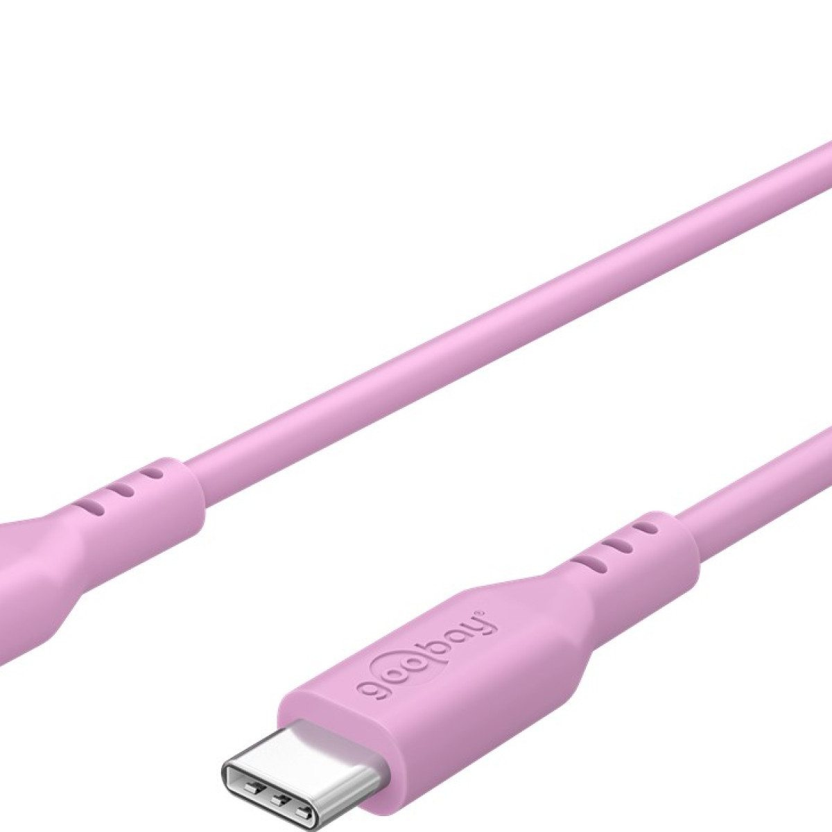 Ein rosafarbenes Goobay USB-C-Kabel auf weißem Hintergrund. Das Kabel hat einen USB-C-Anschluss und ein Formteil.