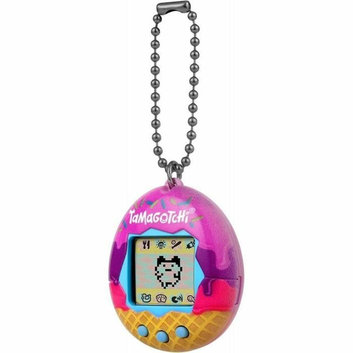 Un appareil Tamagotchi en forme d'œuf, avec un écran affichant un personnage pixélisé. Il a un design de crème glacée rose et violet.