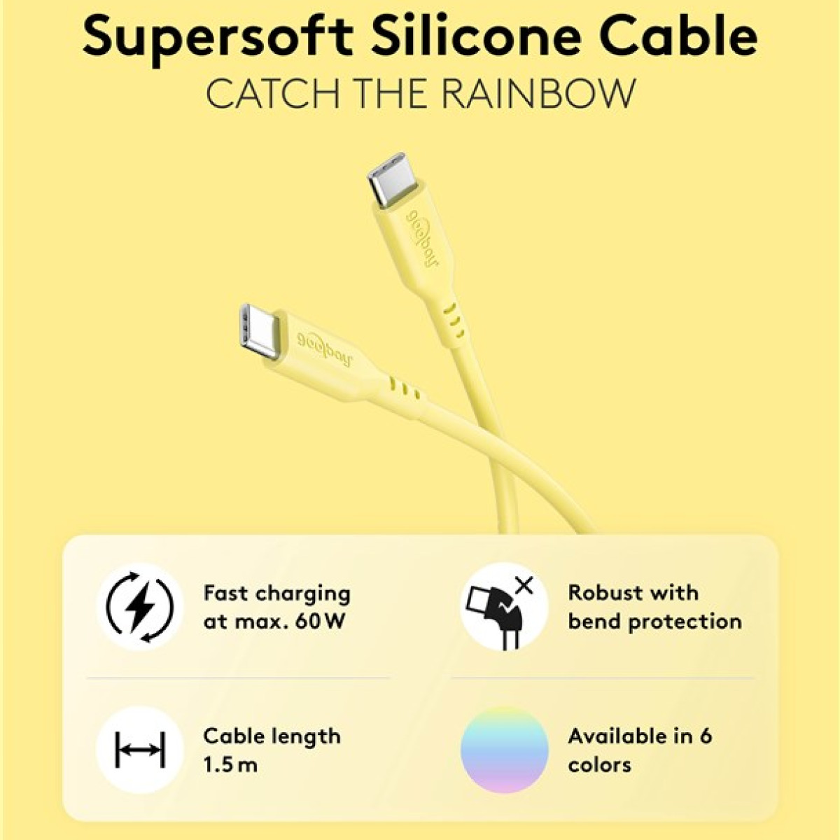 Gelbes Silikonkabel mit USB-C-Anschlüssen. Merkmale sind schnelles Laden, Knickschutz und ist in sechs Farben erhältlich.