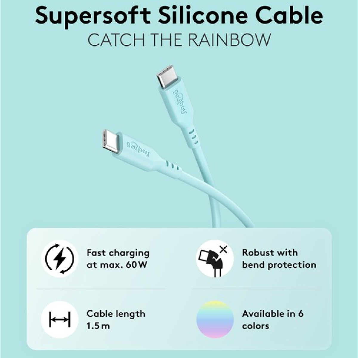 Ein hellblaues Silikonkabel mit USB-C-Anschlüssen. Das Bild zeigt auch Produkteigenschaften wie schnelles Laden und Knickschutz.