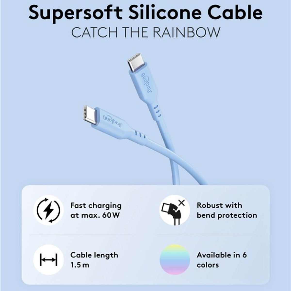 Ein hellblaues Silikonkabel mit Anschlüssen. Text: Supersoft Silicone Cable. Details: Schnellladen, Knickschutz, Kabellänge, Farben.