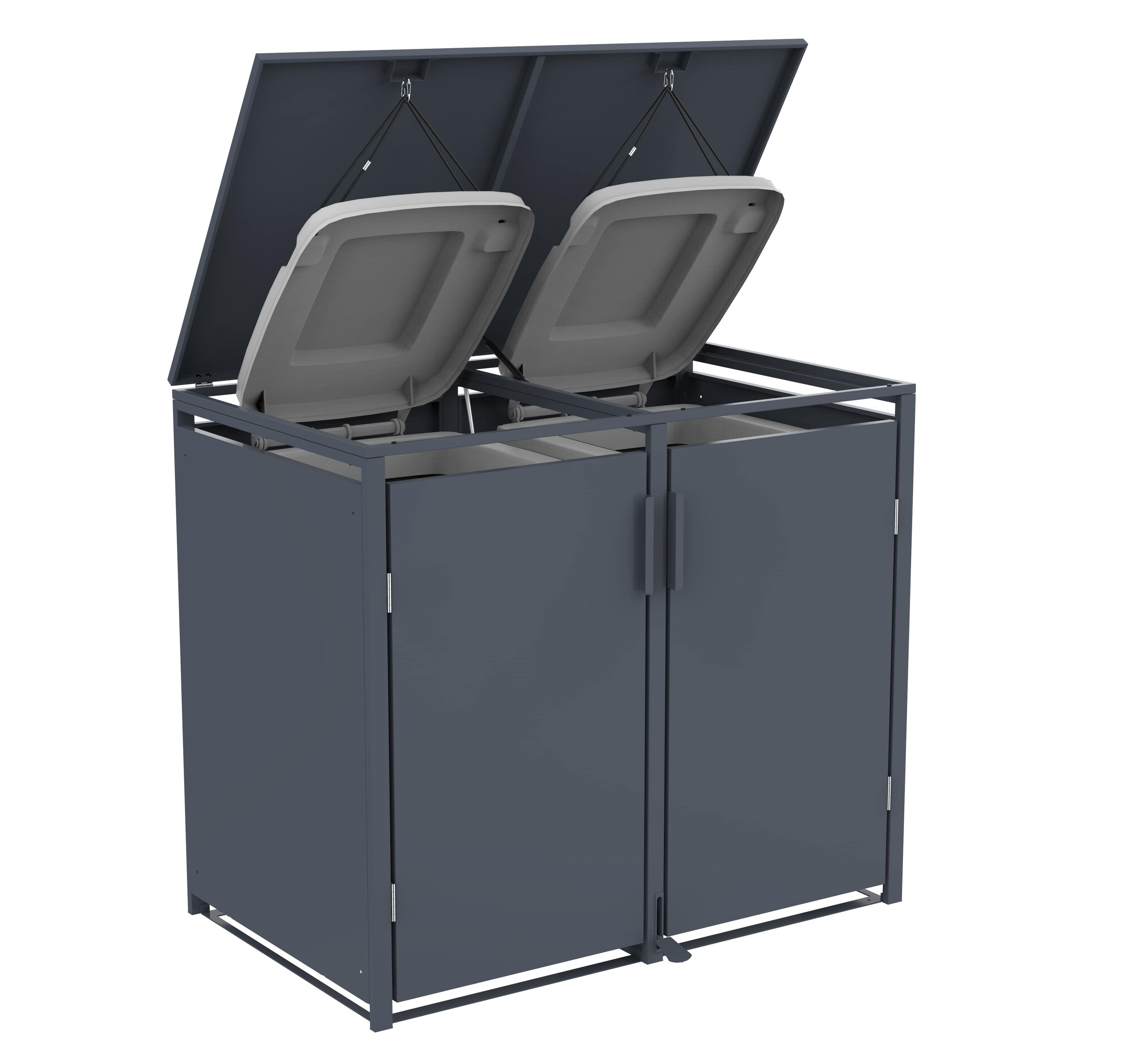 Ein dunkelgrauer Doppel-Mülleimer mit geöffneten Deckeln. Er hat einen Metallrahmen und zwei Türen.