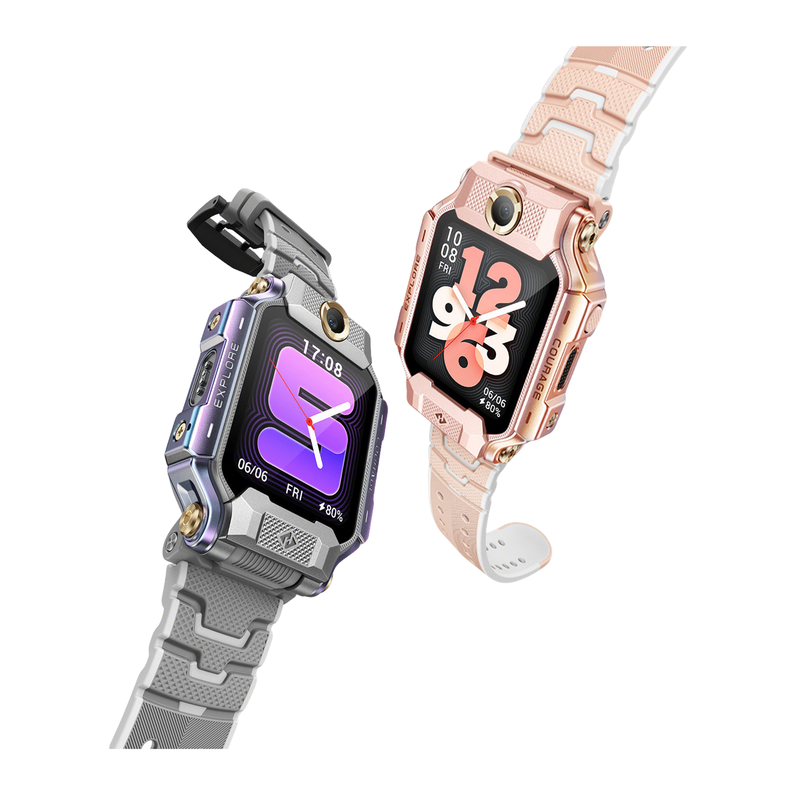 Zwei Smartwatches auf weißem Hintergrund. Eine ist grau, die andere roségold. Beide zeigen Zeit und Datum.