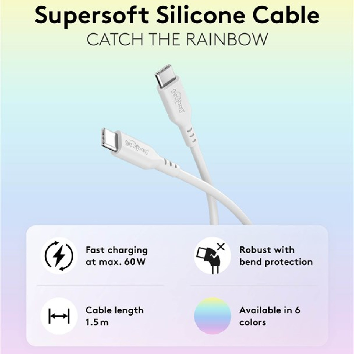 Weißes Silikonkabel mit USB-C-Anschlüssen. Text: 'Supersoft Silicone Cable'. Merkmale: schnelles Laden, Knickschutz und 6 Farben.