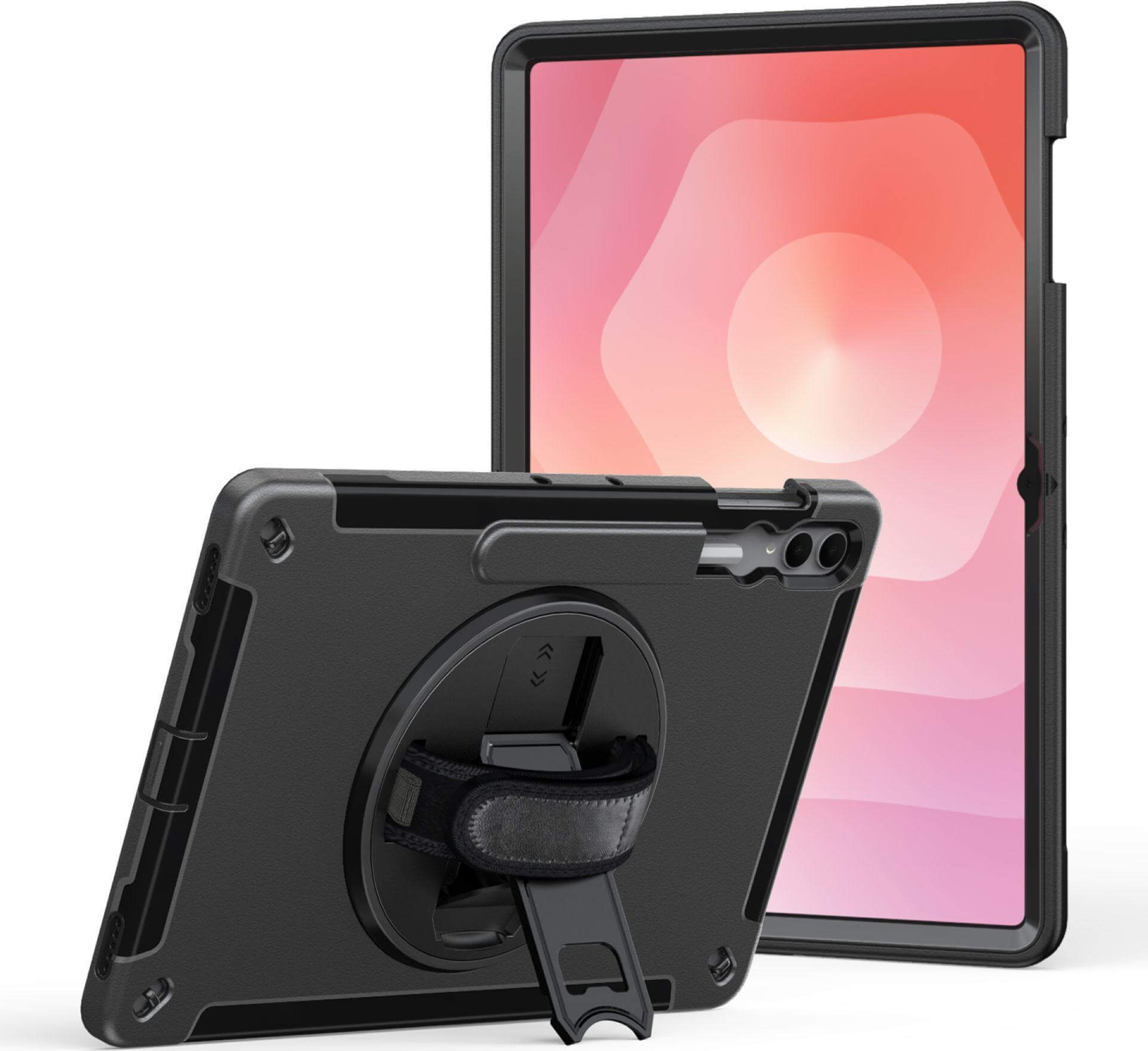Schwarze Tablet-Hülle mit Ständer und Handschlaufe. Ein zweites Tablet mit rosa Bildschirm im Hintergrund.