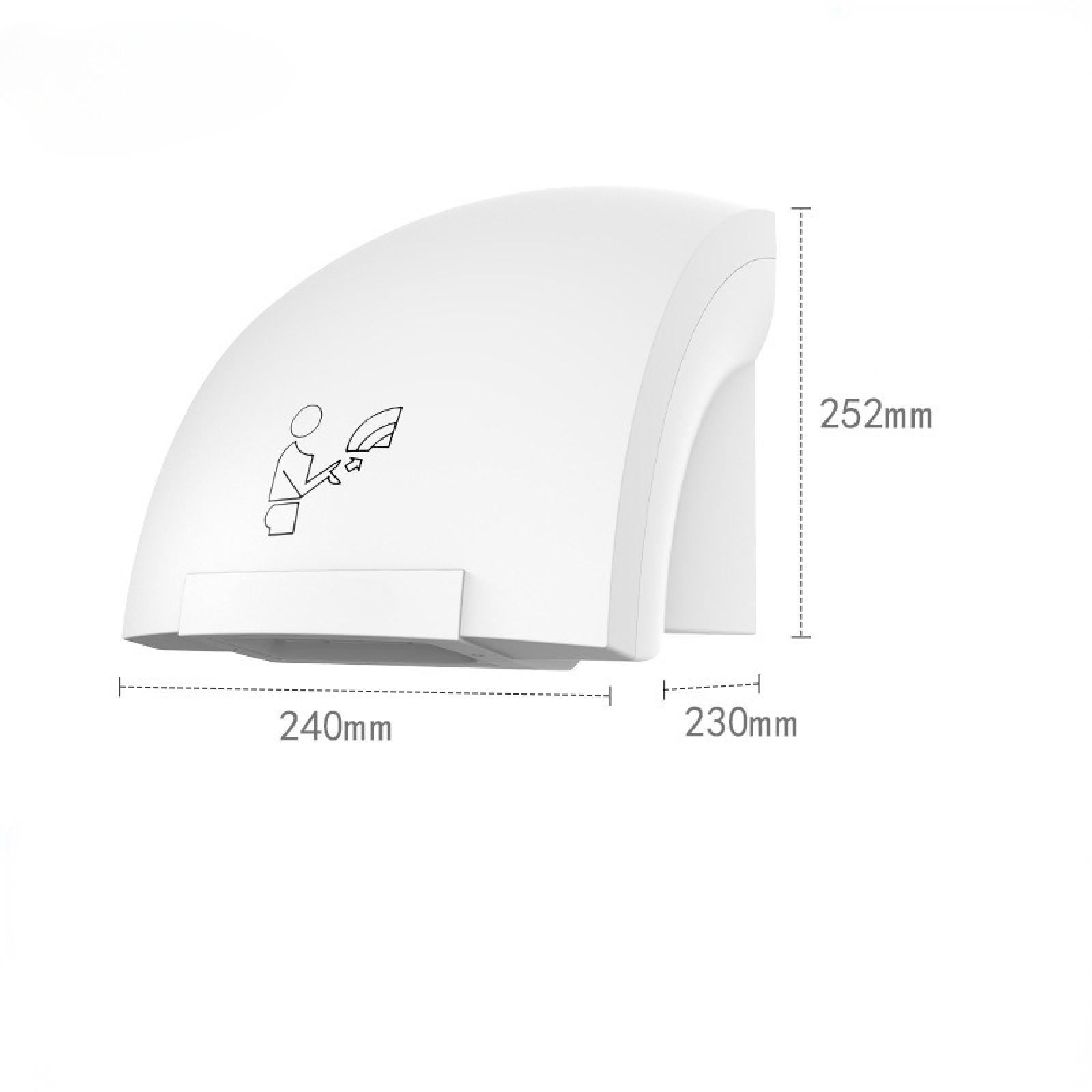 Ein weißer Händetrockner mit Maßangaben. Ein Diagramm zeigt eine Person, die sich die Hände trocknet. Die Maße sind 240 mm, 230 mm und 252 mm.